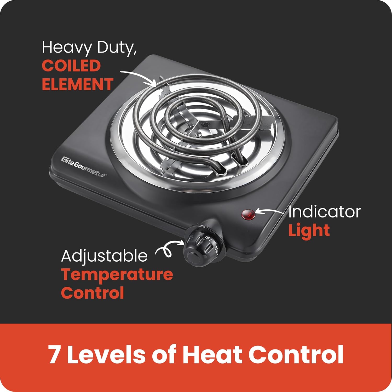 Elite Gourmet ESB100B Countertop Single Coiled Burner Electric Hot TLate, Temperature Control, Indicator Light, Easy to Clean, Black