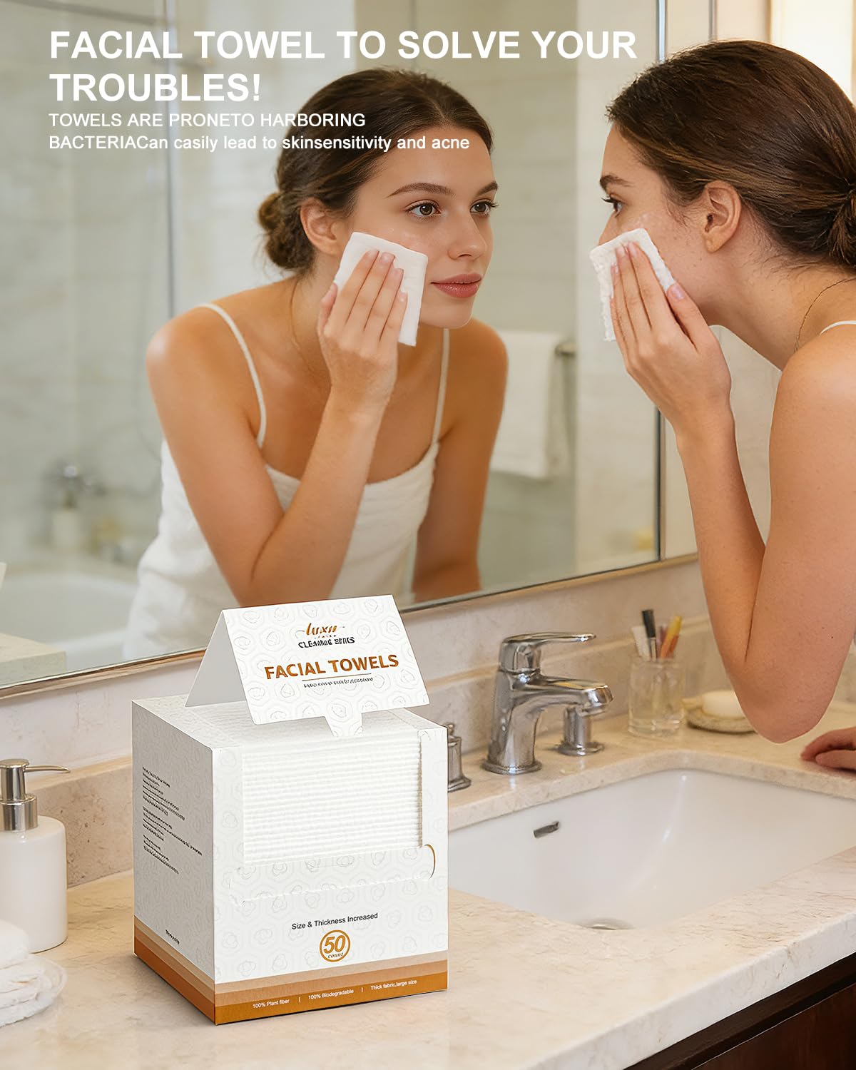 Disposable Face Towel,Biodegradable Facial Towels,Extra Thick Soft Large Clean Facial Towels TLant Fiber Facial Washcloth Dry Wipes for Sensitive Skin,Travel,Makeup Remover-50 Count
