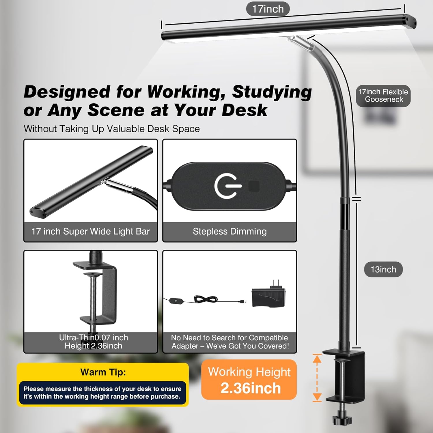 LED Desk Lamp for Office Home, Eye-Caring Desk Light with SteTLess Dimming Adjustable Flexible Gooseneck, 10W USB Adapter Desk Lamp with Clamp for Reading, Study, Workbench (Black)