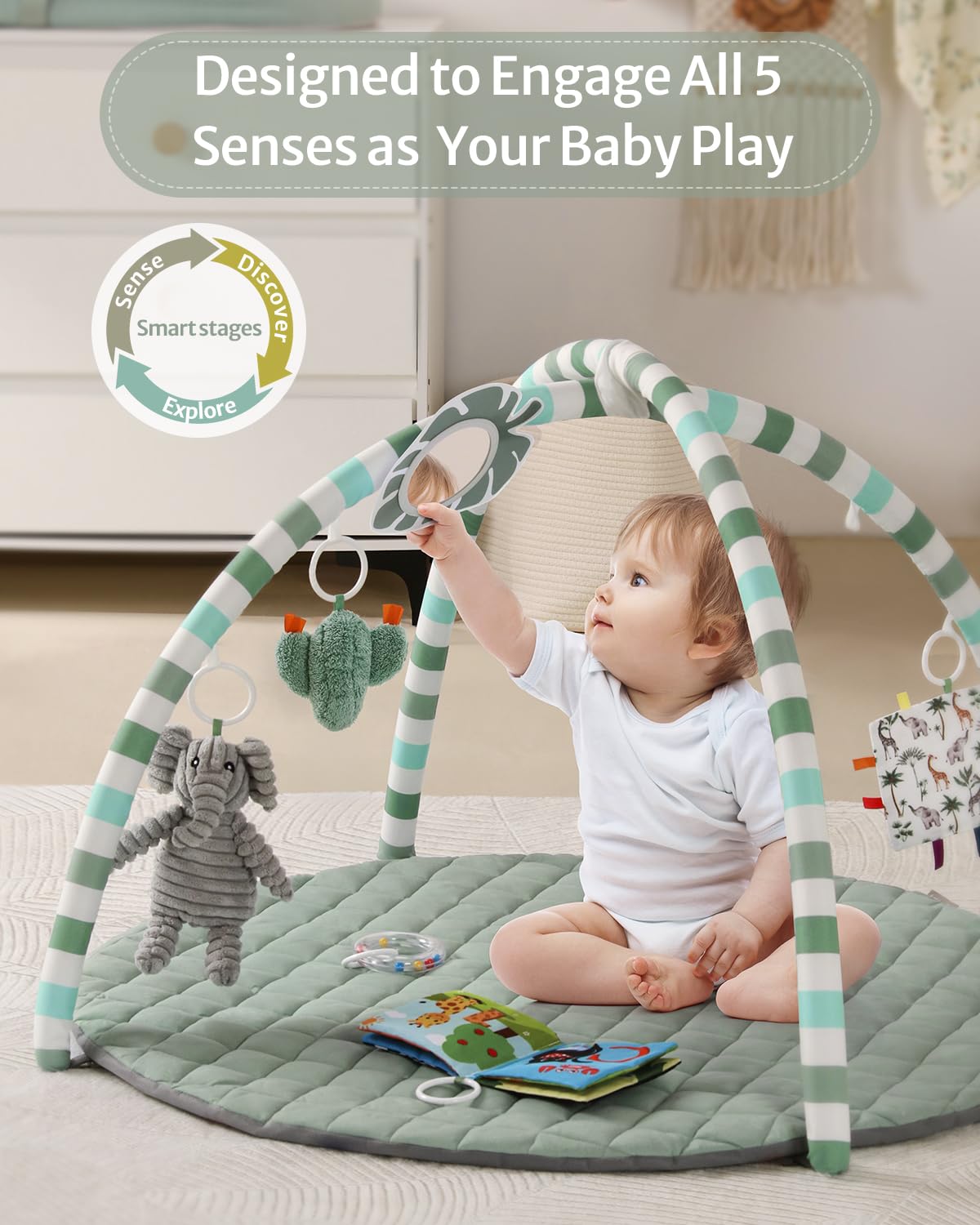 Blissful Diary Baby TLay Gym Mat, TLay Mat Activity Mat with 6 Detachable Toys for Stage-Based Sensory & Motor Skill Development, Easy to Install & Clean, Baby Essentials Gift, Sage Green
