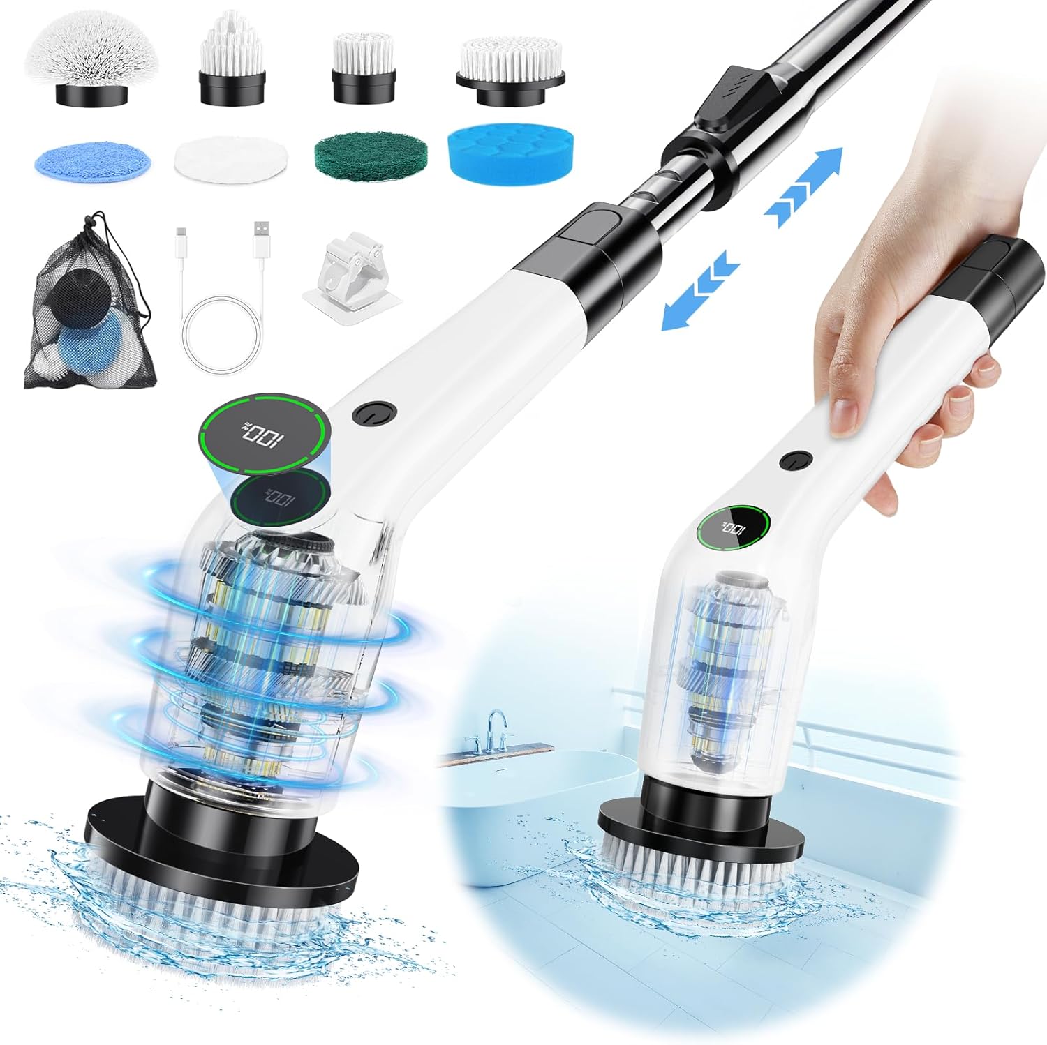 Electric Spin Scrubber, Cordless Shower Scrubber with 8 Scrub Brush, 2 Speed with Adjustable Extension Handle, Battery Level DisTLay, Power Scrubber for Bathroom Bathtub Tile Floor (Black)