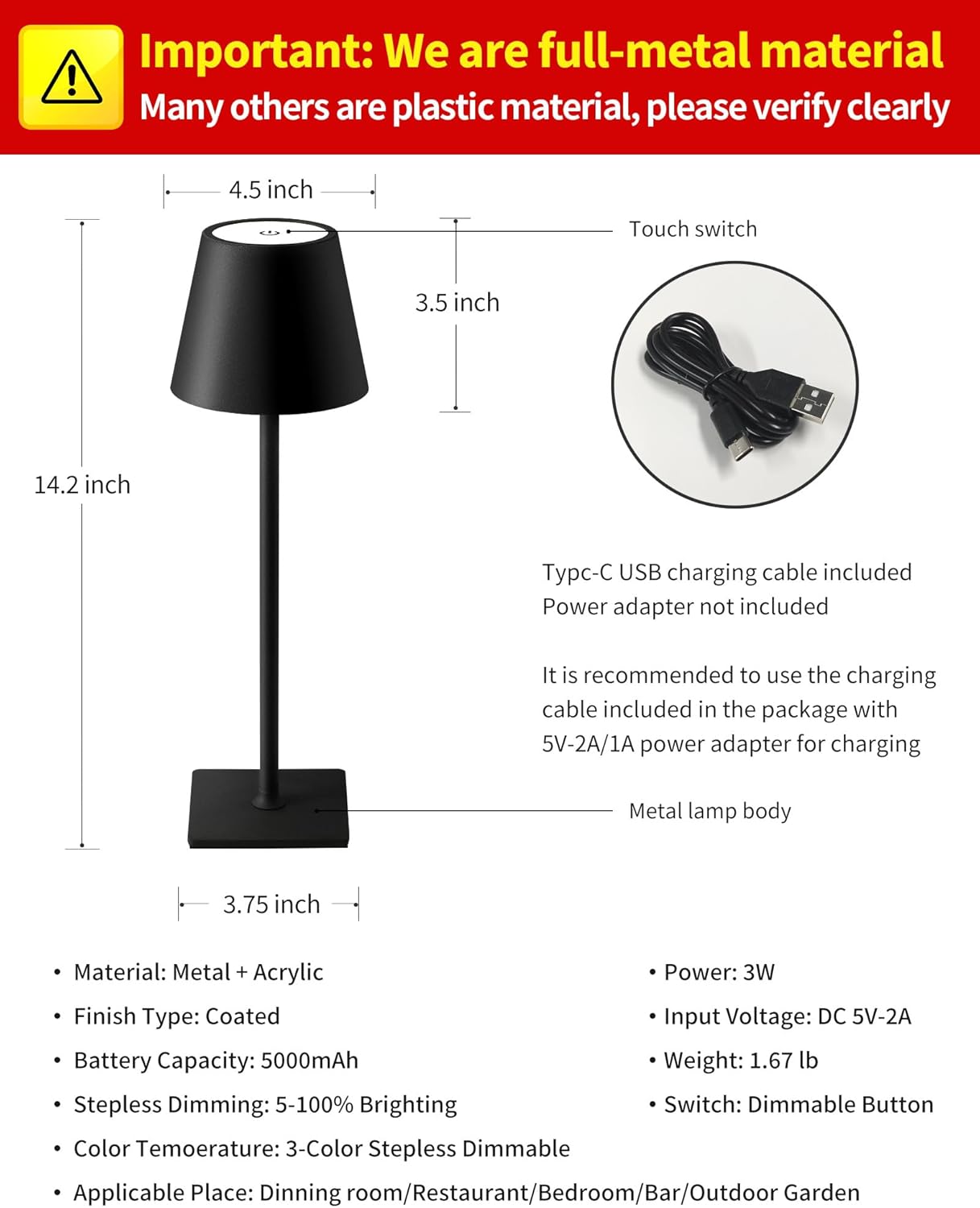 KDG 2 Pack Cordless Table Lamp, Portable LED Desk Lamps, 5000mAh Battery Operated, 3 Color SteTLess Dimming Up, for Restaurant, Bedroom, Outdoor Camping, Coffee Shop, Night Light, Rechargeable (Black)