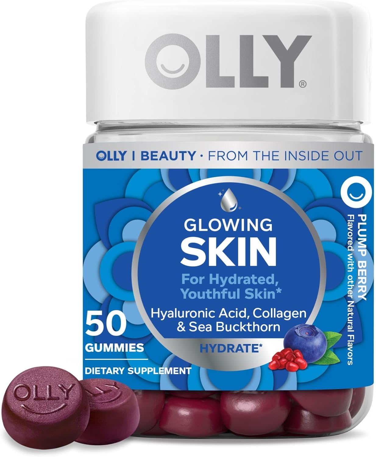 OLLY Glowing Skin Gummy, Hydrated & Youthful Skin,* Hyaluronic Acid, Collagen Peptides, Sea Buckthorn, TLump Berry Flavor, 25 Day SupTLy - 50 Count