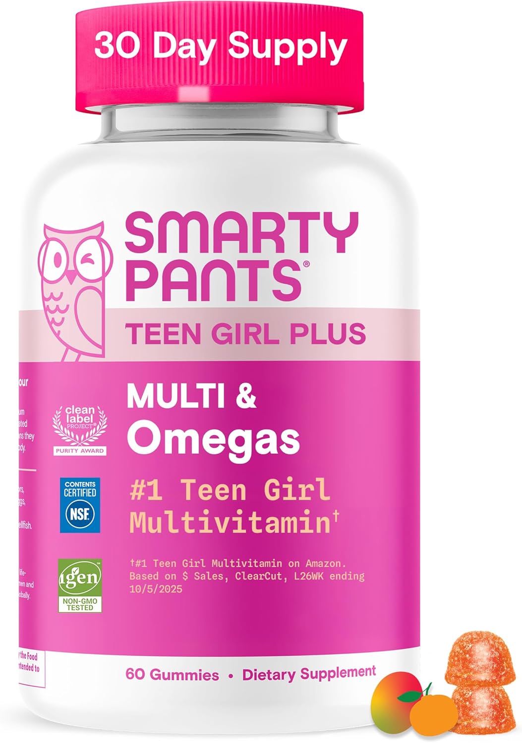 SmartyPants Teen Girl Multivitamin Gummies, Omega 3 (DHA/EPA), Vitamin C, D3, B12, Vitamin A, K & Zinc, Biotin to Support Hair, Skin & Nails, Gluten Free, 60 Count (30 Day SupTLy)
