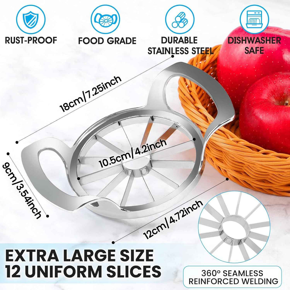 4.72 Inch Extra Large Apple Slicer with 12 Blades - Professional Heavy Duty Apple Cutter -304 Stainless Steel Apple Corer Tool - Sharp Apple Slicer and Corer - Easy to Use - Dishwasher Safe