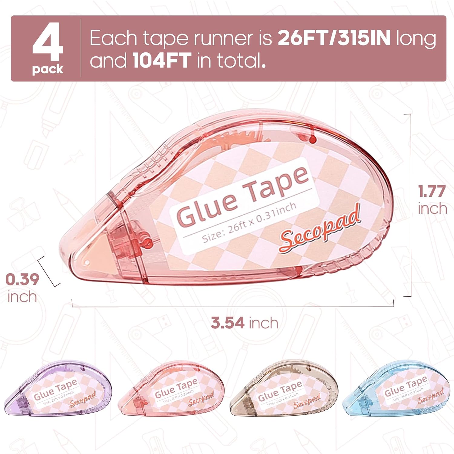 Secopad Scrapbook Tape, 4 Pack Double Sided Tape Roller for Crafts, Adhesive Glue Runner Scrapbooking SupTLies Journaling School Office Teacher SupTLies, 0.3IN x 26FT, Clear Light-Colored Shell