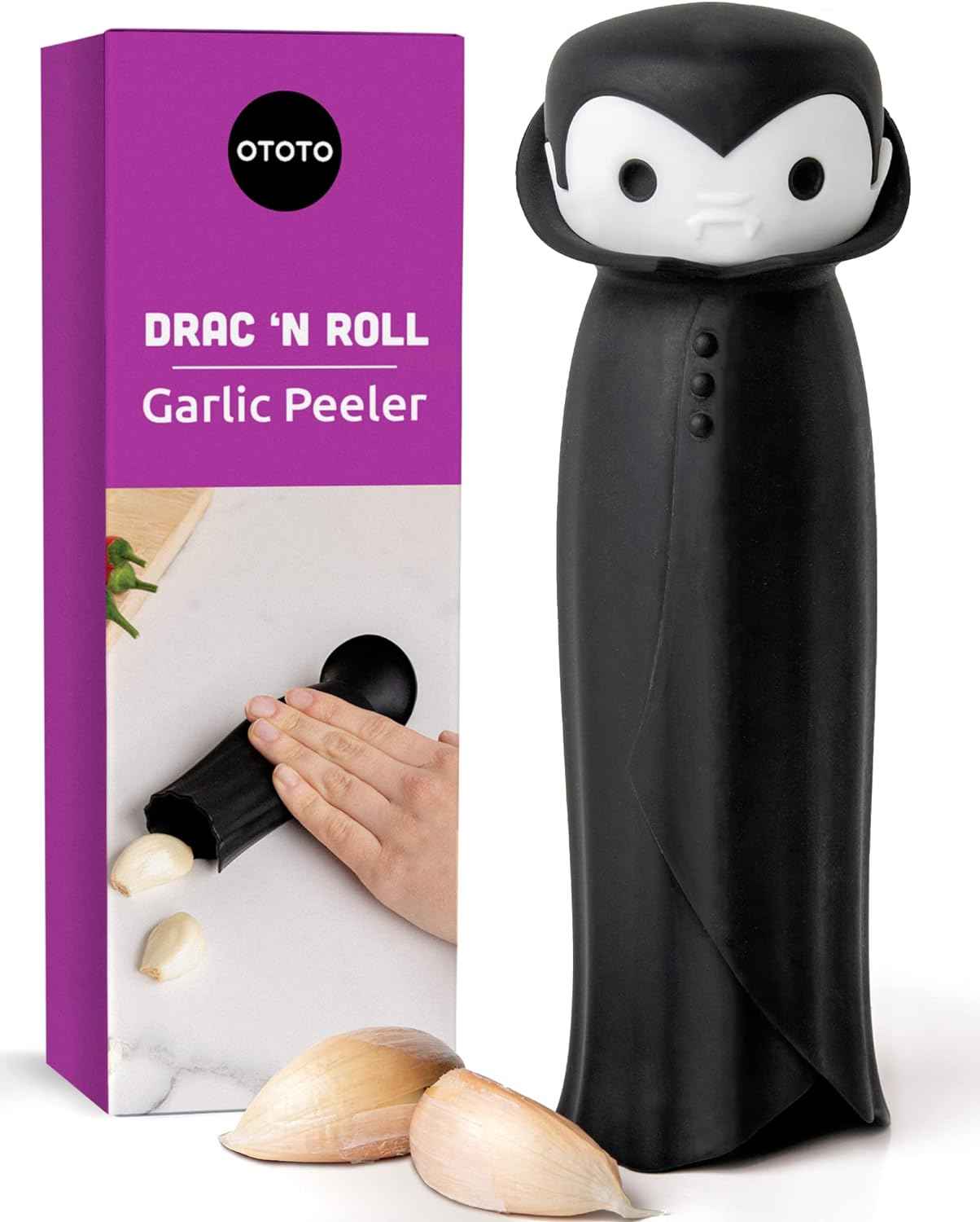 OTOTO Gracula Garlic Crusher, Garlic Mincer, Also for Ginger, Nuts, Chili, Herbs - Twist Top Mincer & Easy Squeeze Manual Press Peeler, Goth Gifts
