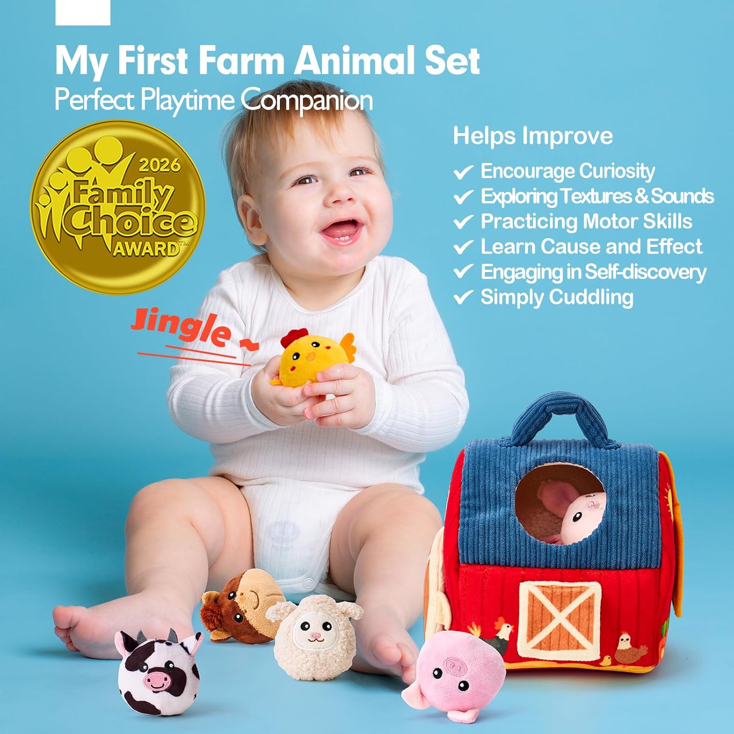 hahaland Baby Toys 6-12 Months - Surprise Barn Stuffed Farm Animals, Rattle, Crinkle, Mirror, Montessori Toys for 6 Month Old Sensory Balls 1-3, Baby Boy Gifts, Farm Plush Toys for Babies Travel Toy