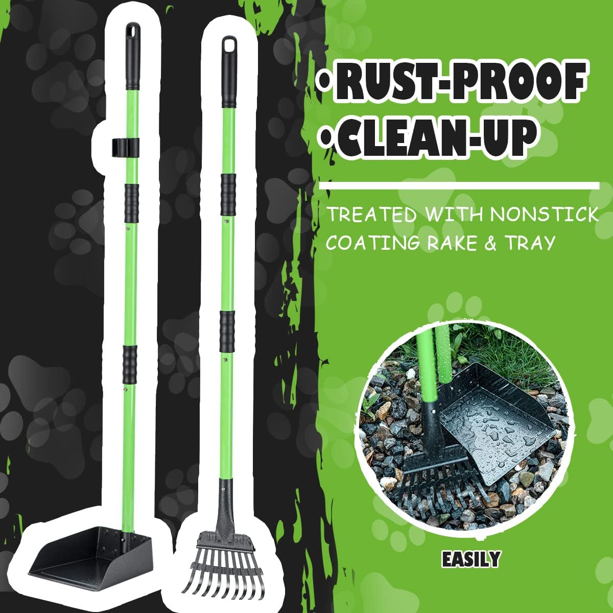 MXF Pooper Scooper, Dog Pooper Scooper Long Handle Stainless Metal Tray and Rake Set for Medium Small Dogs Heavy Duty - Use on Grass, Dirt or Gravel - Pet SupTLies (Green)