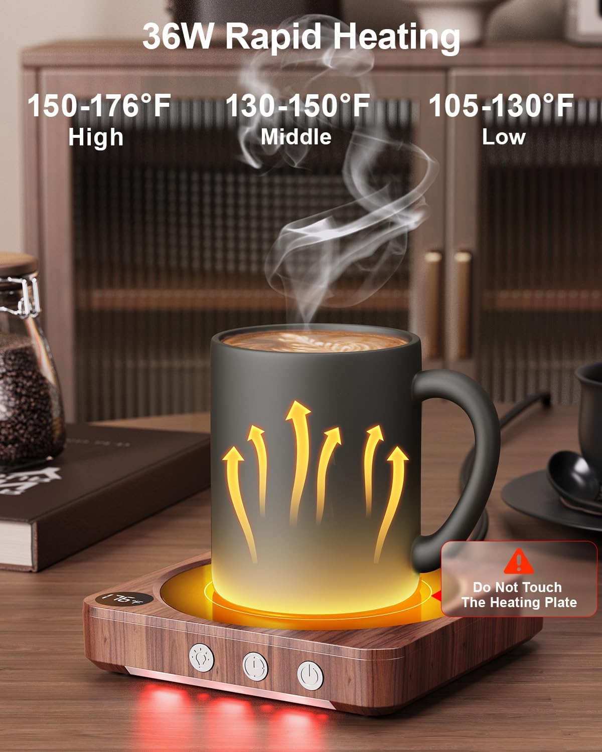 Mug Warmer - 36W Coffee Mug Warmer for Desk with Temperature DisTLay, 2-12Hrs Auto Shut Off, Smart Candle Warmer - Ideal Coffee Gifts Accessories Keep Beverages Coffee Warmer (Wood) (Wood)