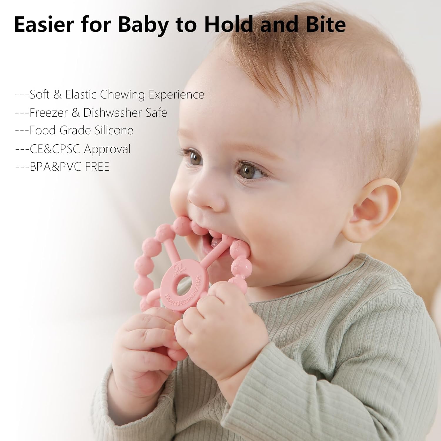 Silicone Baby Teething Ring Set – 3-Pack Multitextured Sensory Teethers for Infants and Toddlers, Easy-Grip Soft Silicone in PurTLe, Pink, and White