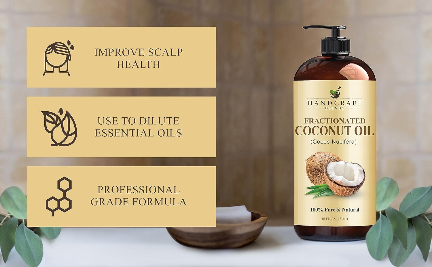 Handcraft Blends Fractionated Coconut Oil - 16 Fl Oz - 100% Pure and Natural - Premium Grade Carrier Oil for Skin, Hair and Body - Massage - Hair Tonic