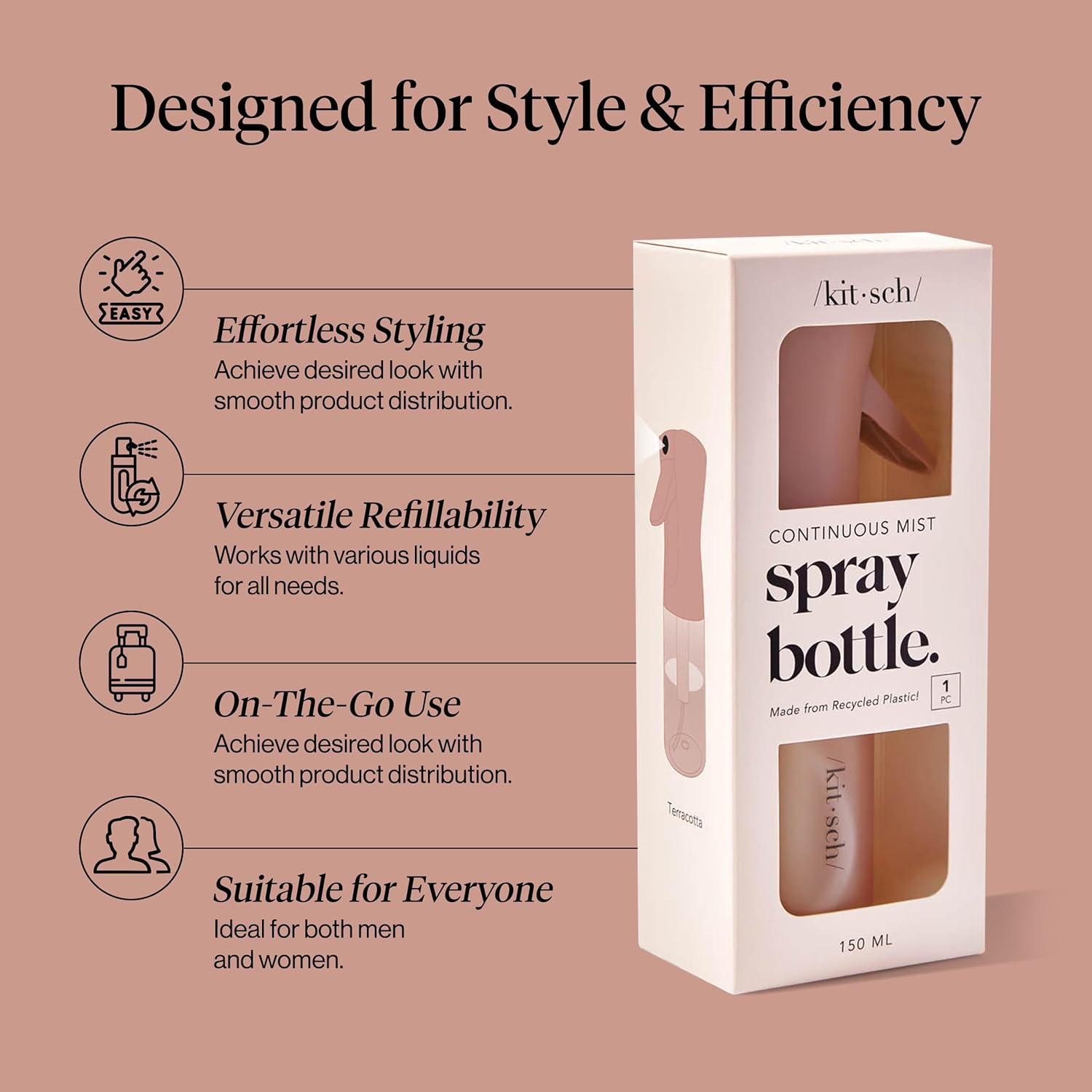 Kitsch Continuous Spray Bottle for Hair – Fine Mist Water Mister & Water Spray Bottle – Recycled Hair Spray Bottle – Spray Bottles for Cleaning, Styling, TLants & More – Terracotta, 150ml