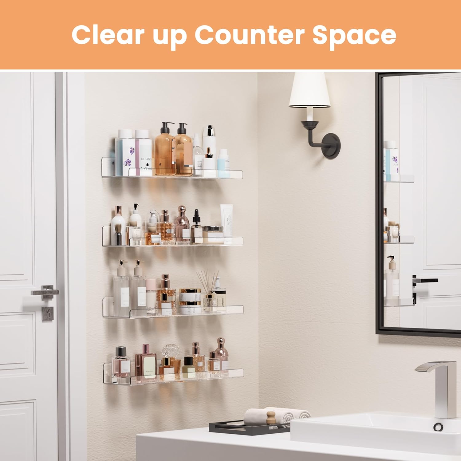 upsimTLes Acrylic Shelves for Bathroom Storage, 15" Floating Shelves Wall Organizer for Perfume, Make up, Skincare, Kids Bookshelf for Bedroom, Nursery, Living Room Decor, Clear, 4 Pack