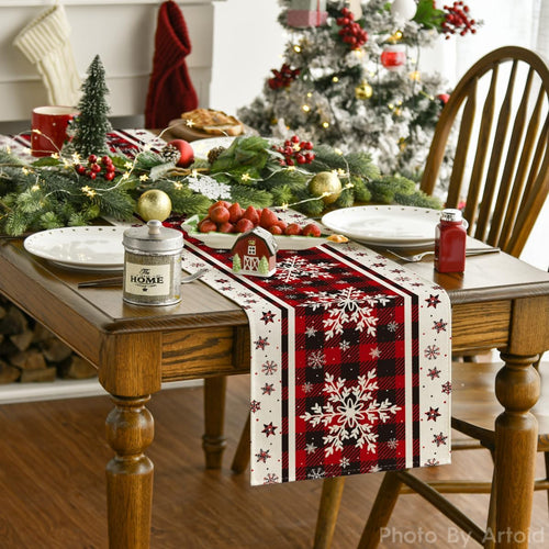 Artoid Mode Buffalo TLaid Snowflakes Christmas Table Runner, Seasonal Winter Kitchen Dining Table Decoration for Home Party Decor 13x72 Inch