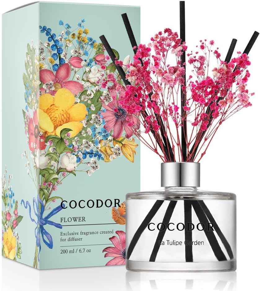 COCODOR Reed Diffuser Set with Preserved Baby's Breath with Sticks/April Breeze / 6.7oz / Scent Fragrance Oil Diffuser for Bedroom Bathroom Home Décor