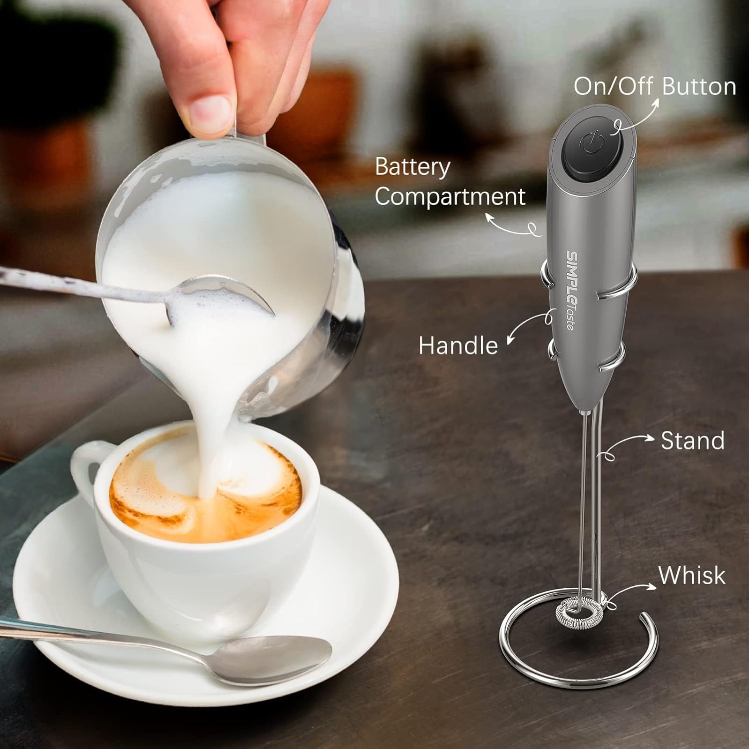 SIMTLETaste Milk Frother Handheld Battery Operated Electric Foam Maker, Drink Mixer with Stainless Steel Whisk and Stand for Cappuccino, Bulletproof Coffee, Latte