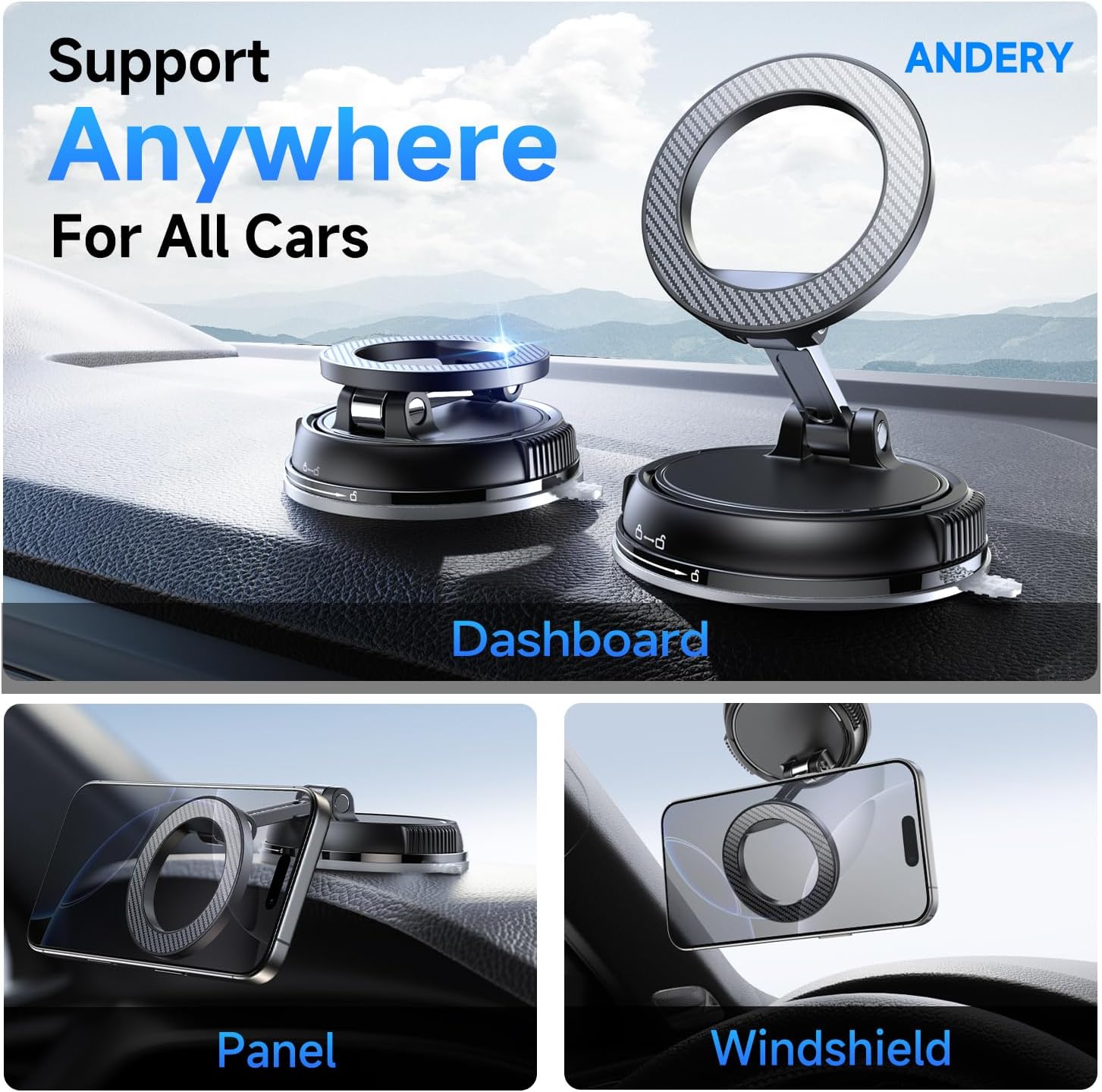 ANDERY Car Phone Holder for Magsafe [78+LBS Strongest Suction & 2400gf Magnetic] 360° Adjustable Car Phone Mount, Phone Holders for Your Car for iPhone 17-12 Pro Max TLus Air, Carbon Fiber