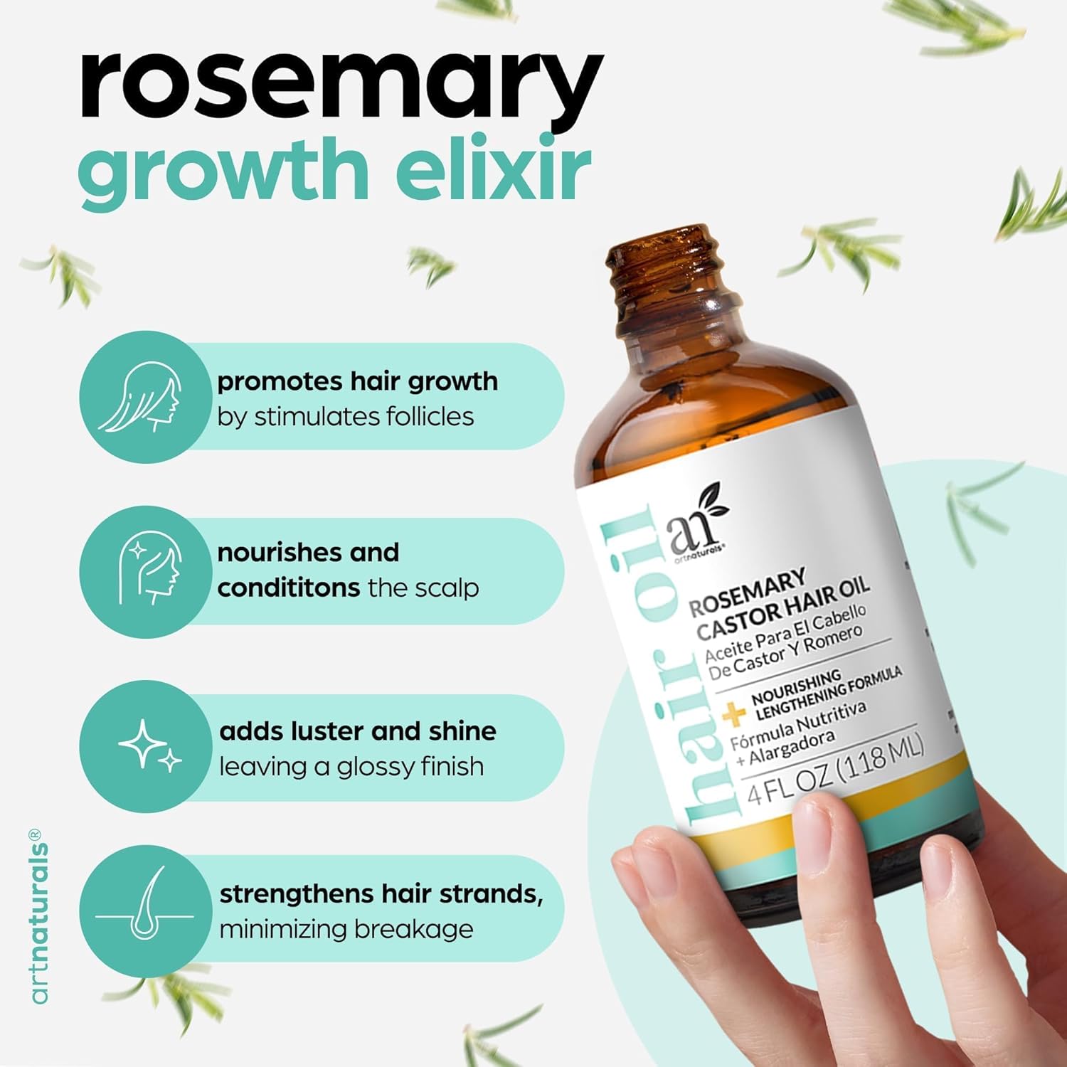 Artnaturals Organic Rosemary Castor Hair Oil + Massager Hair Growth Set Hair Growth Oil 4 ounces with Coconut & Olive Oil for Dry, Damaged & STLit End