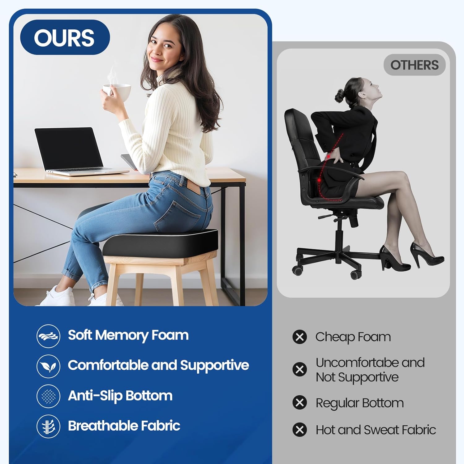 SweetSlubr Seat Cushion for Tailbone Pain Relief, Office Chair Cushion, Memory Foam Large Cushion with Non-Slip Cover for Soft Support at Office Chair, Car Seat, AirTLane, Floor Pillow, Black/Large