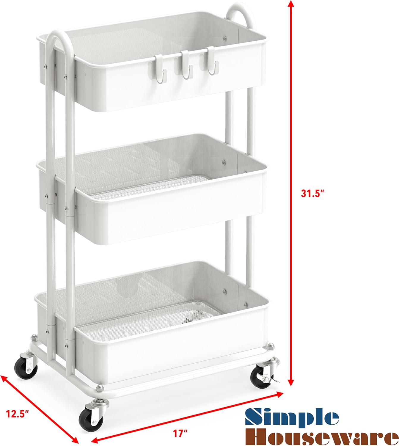 SimTLe Houseware 3-Tier Heavy Duty Metal Utility Rolling Cart, White