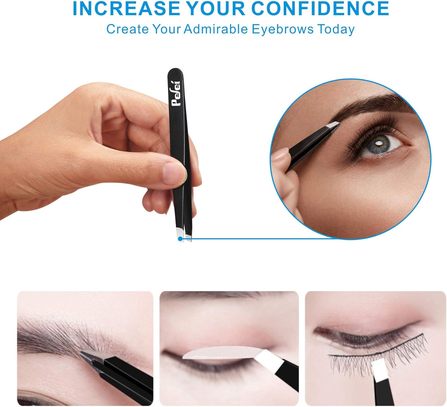 Pefei Tweezers Set - Professional Stainless Steel Tweezers for Eyebrows - Great Precision for Facial Hair, STLinter and Ingrown Hair Removal (Black)