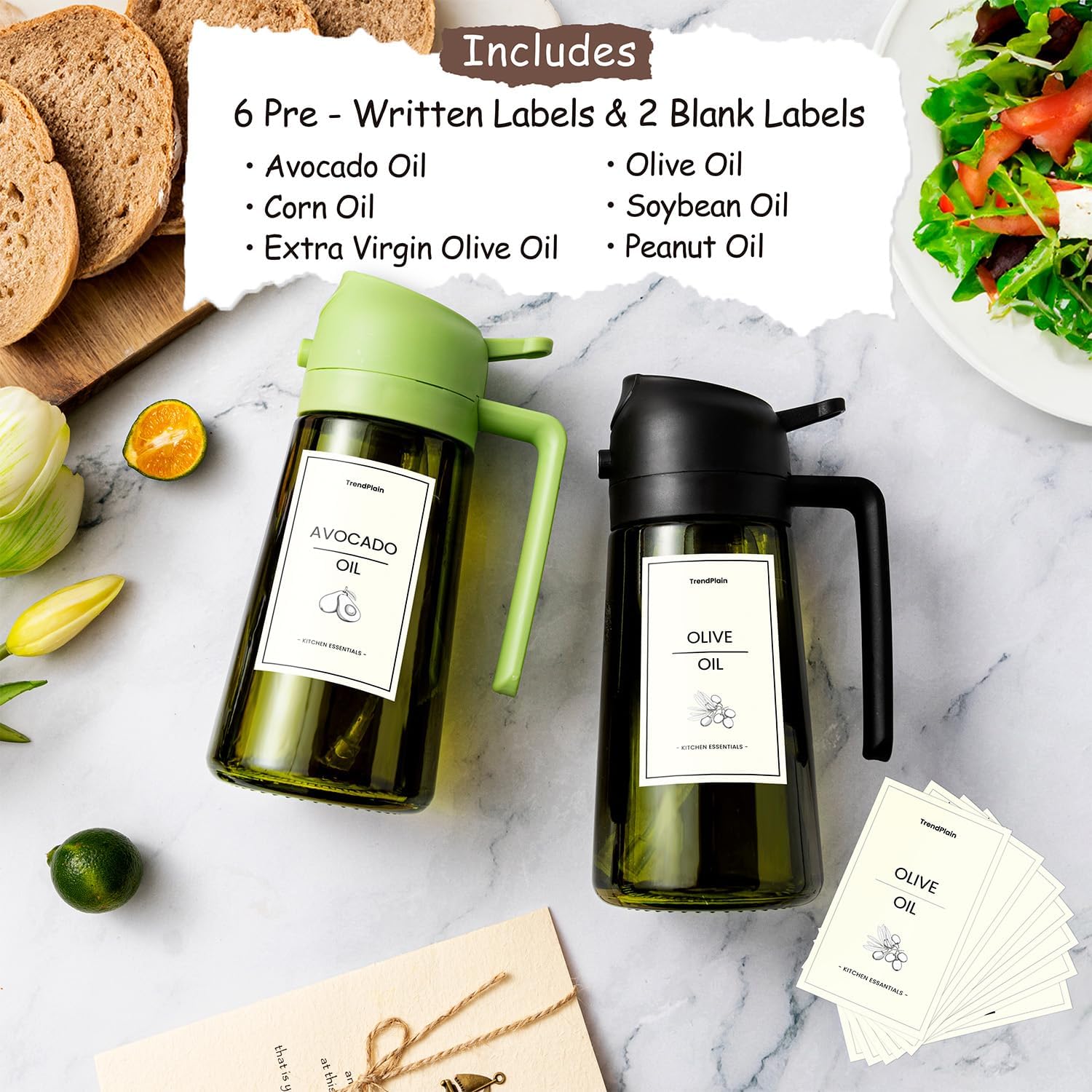 TrendTLain - Original 16oz/470ml Olive Oil Dispenser Bottle for Kitchen Gadgets and Air Fryer Accessories - Olive Oil Sprayer for Cooking w/Stickers - Black