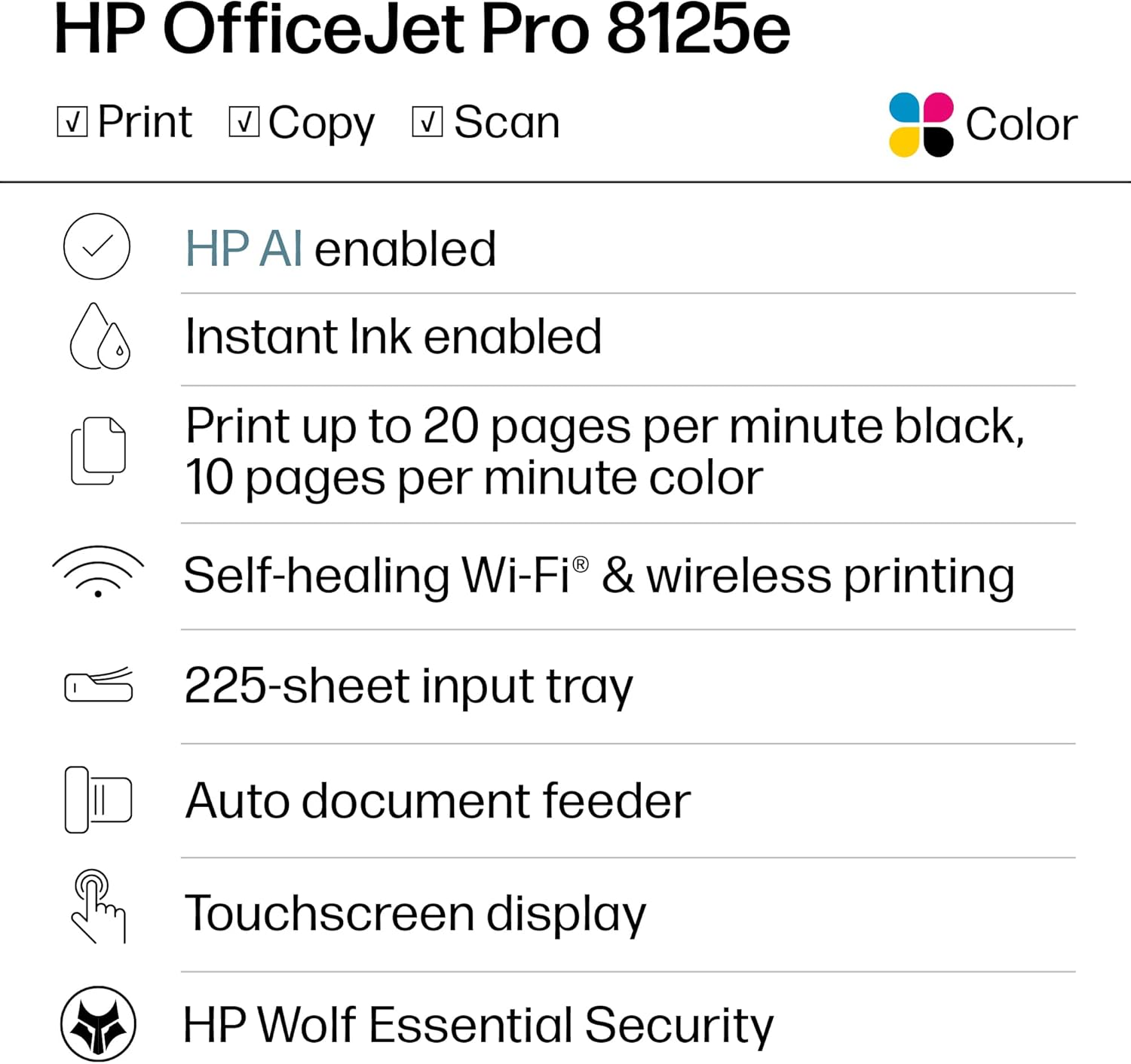 HP OfficeJet Pro 8125e Wireless All-in-One Color Inkjet Printer, Print, scan, Copy, ADF, DuTLex Printing Best-for-Home Office, 3 Month Instant Ink Trial Included, AI-Enabled (405T6A)