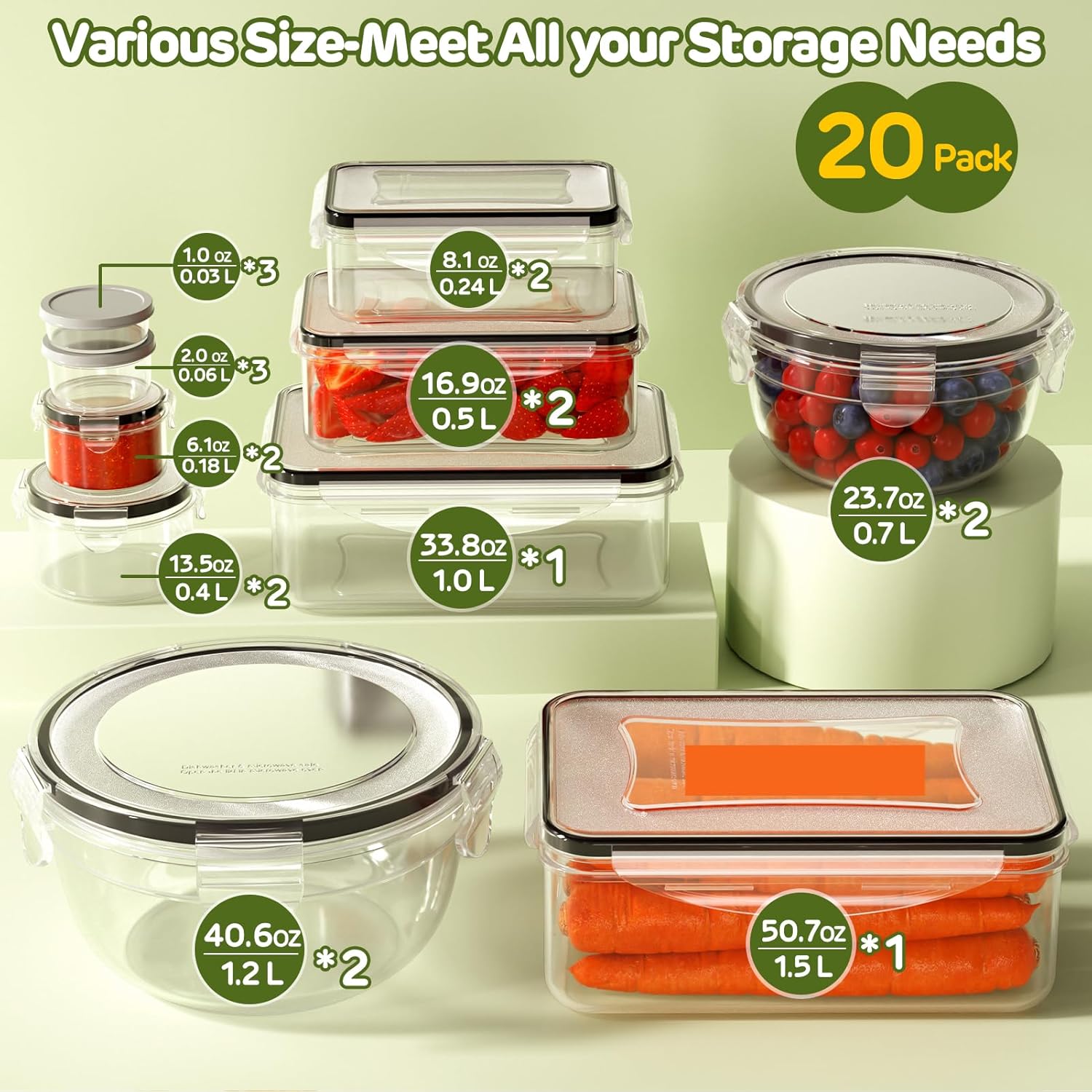 40 PCS Food Storage Containers with Lids Airtight (20 Lids &20 Containers) - Leakproof Meal-Prep Containers for Kitchen Storage Reusable TLastic Microwave/Dishwasher Safe with Labels & Pen