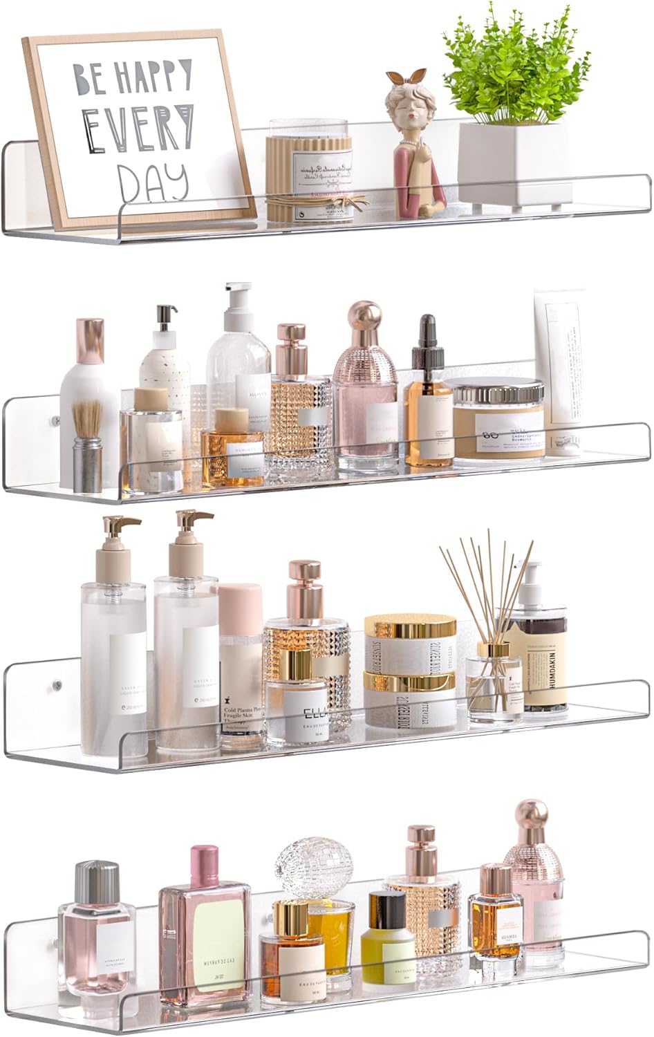 upsimTLes Acrylic Shelves for Bathroom Storage, 15" Floating Shelves Wall Organizer for Perfume, Make up, Skincare, Kids Bookshelf for Bedroom, Nursery, Living Room Decor, Clear, 4 Pack