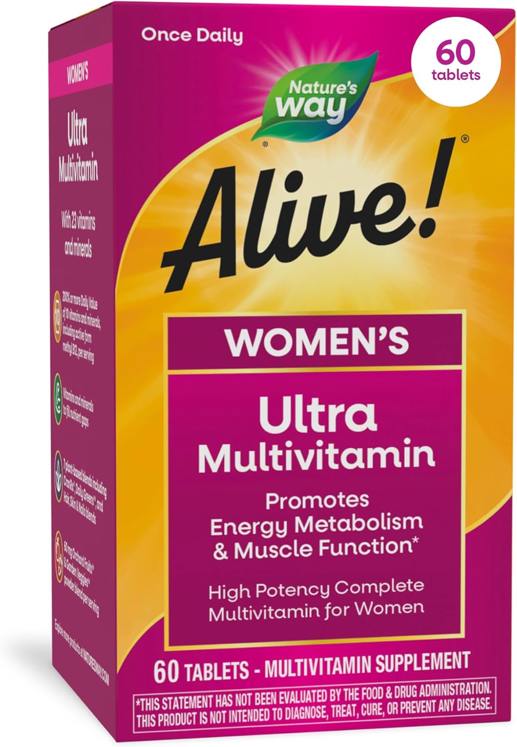 Nature's Way Alive! Ultra Multivitamin for Women, ComTLete Daily Women's Vitamins, High Potency Formula, Promotes Energy Metabolism and Muscle Function*, Vitamin A, C, D, Methylated B12, 60 Tablets