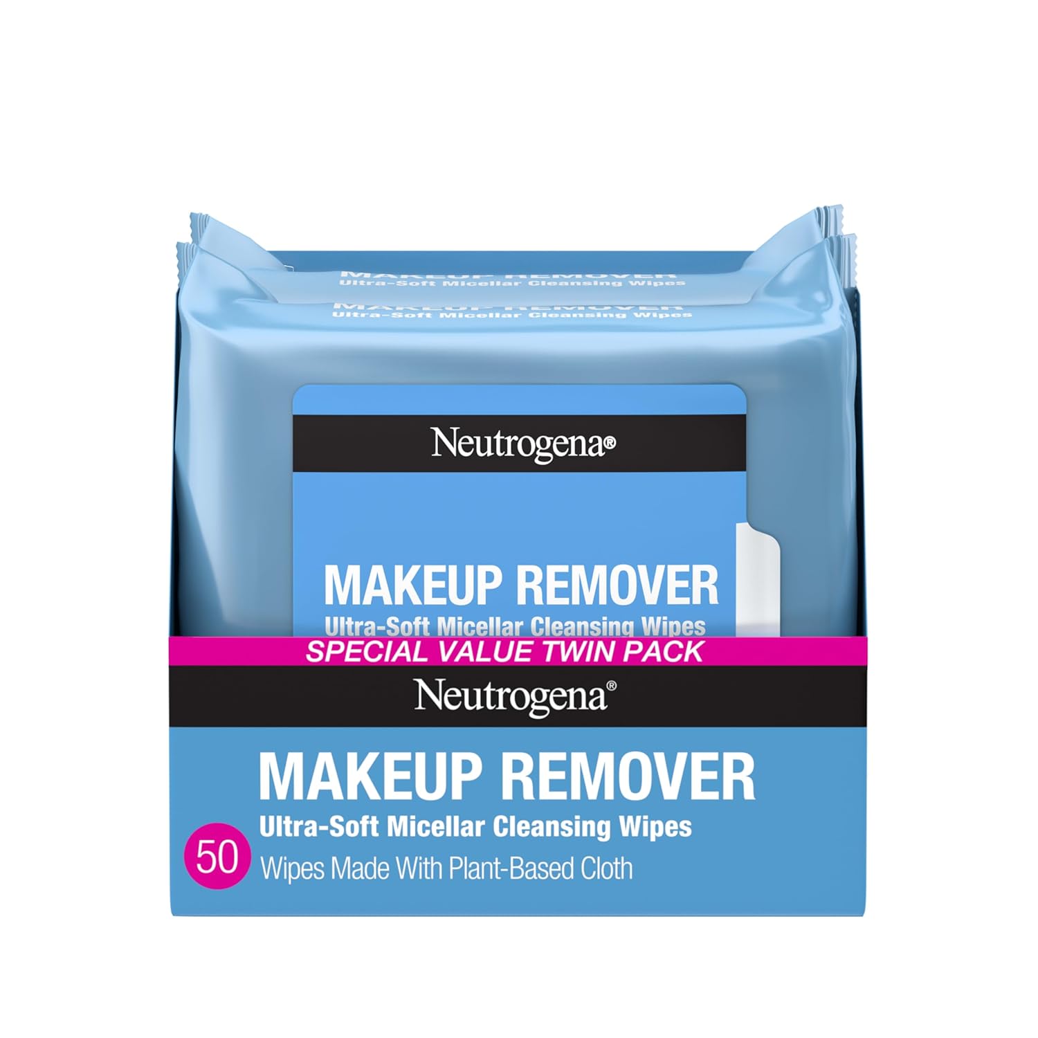 Neutrogena Makeup Remover Wipes Micellar Alcohol-Free Face Towelettes Remove Waterproof Mascara & Oil, Compostable 100% TLant-Based Cloth, Dermatologist & Ophthalmologist Tested, Twin Pack 2 x 25 ct