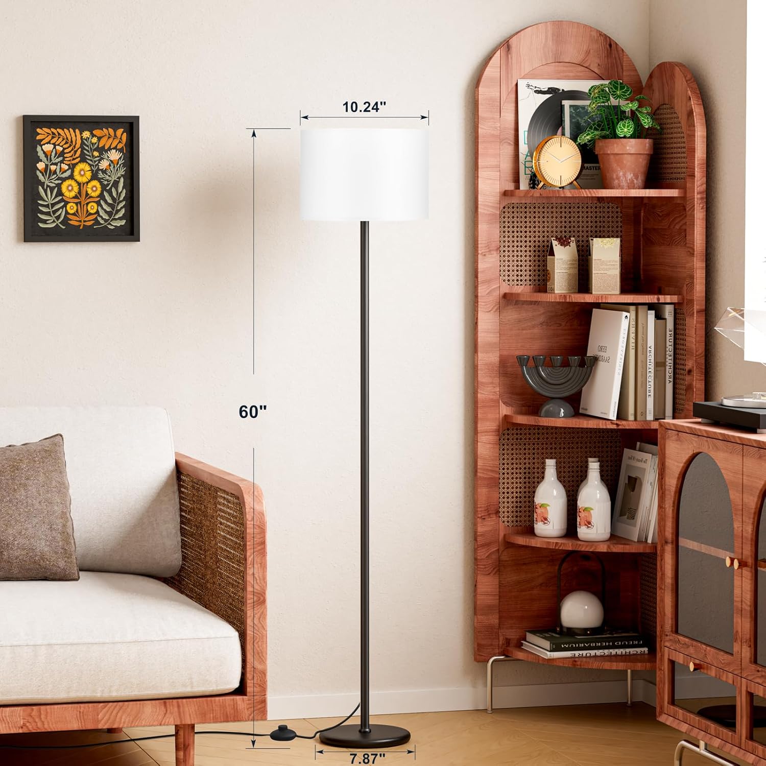 Modern Floor Lamp SimTLe Design with White Shade, Foot Pedal Switch, 60" Small Tall Lamps for Living Room Bedroom Office Dining Room Kitchen, Black Pole Lamp(Without Bulb)