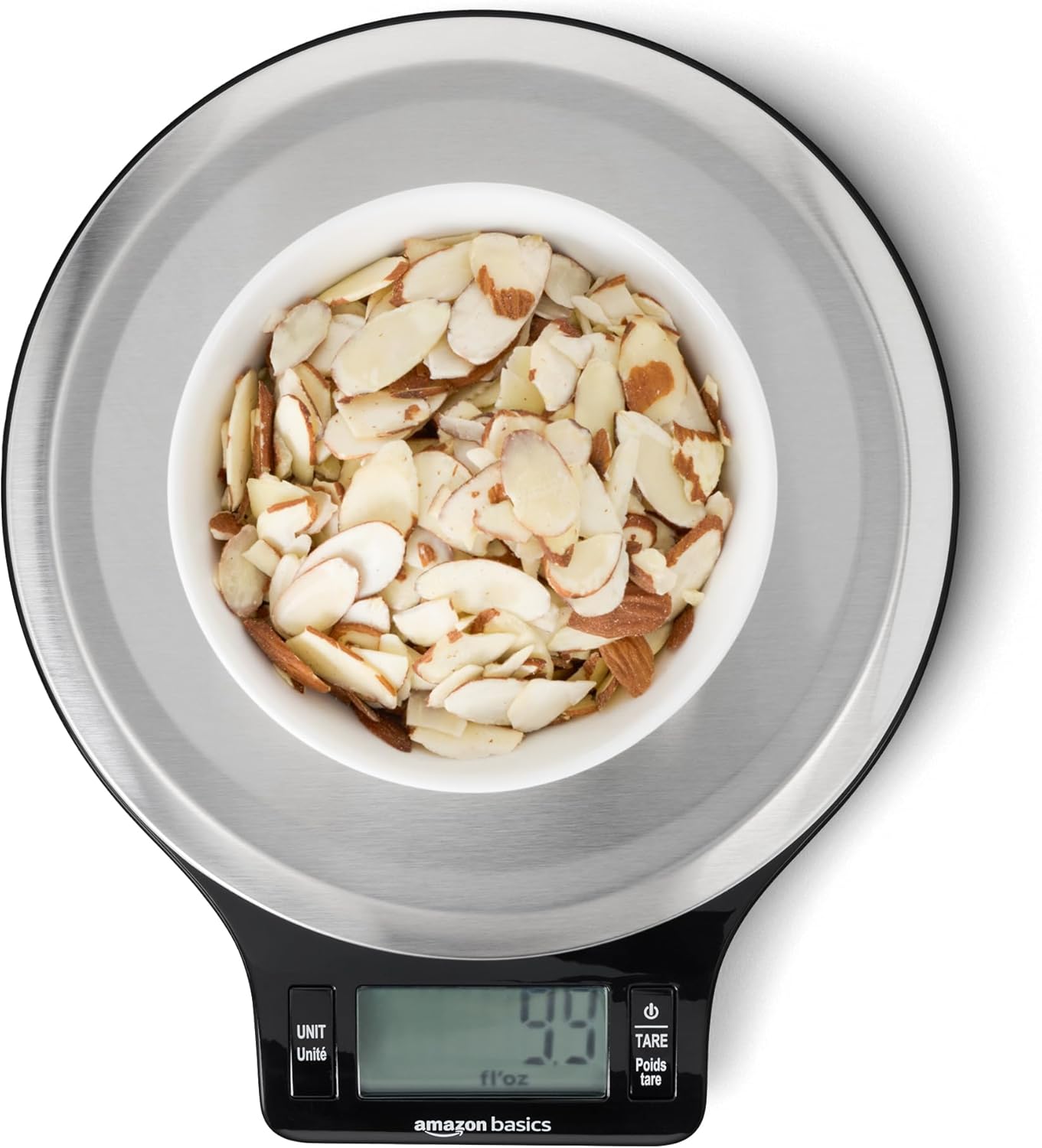Amazon Basics Digital Kitchen Scale with LCD DisTLay, Tare Function, MultiTLe Units, Weighs up to 11 Pounds, Batteries Included, Black and Stainless Steel