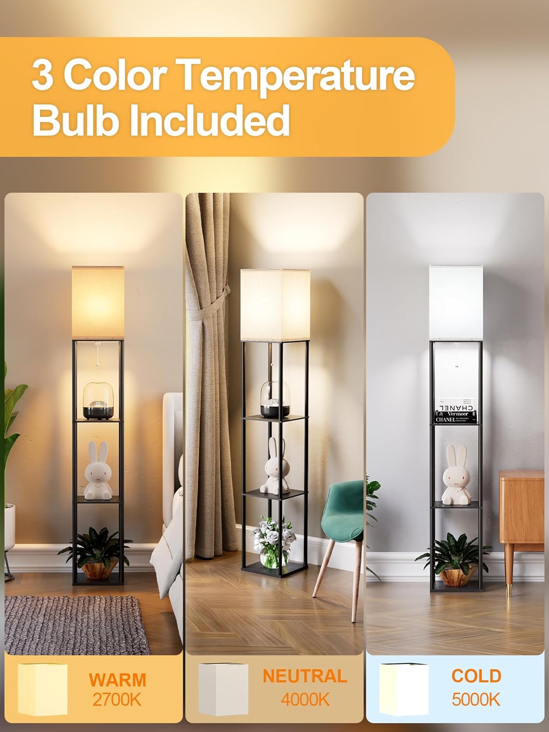 Floor Lamp with Shelves for Living Room, Shelf Floor Lamp with 3 CCT LED Bulb, Corner DisTLay Standing Column Lamp Etagere Organizer Tower Nightstand with White Linen Shade for Bedroom, Office