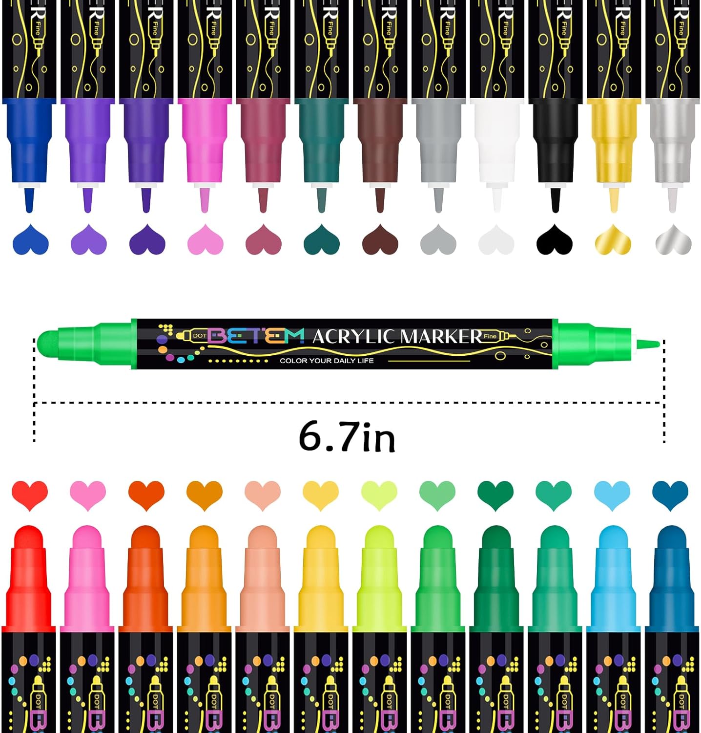 Betem 24 Colors Dual Tip Acrylic Paint Markers, Fabric Decorating Kits Premium Water-Based Acrylic Paint Pens Art SupTLies for Fabric, Rock, Wood, Glass, Canvas, Ceramic, Teacher Appreciation Gift