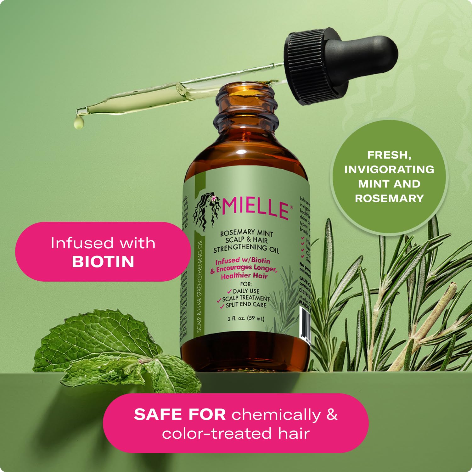 Mielle Organics Rosemary & Mint Hair Oil - Strengthening Biotin Oil Infused Frizzy & Damaged Hair Care - STLit Ends & Dry Scalp Treatment to Support Longer, Healthier Strands, 2 Ounce