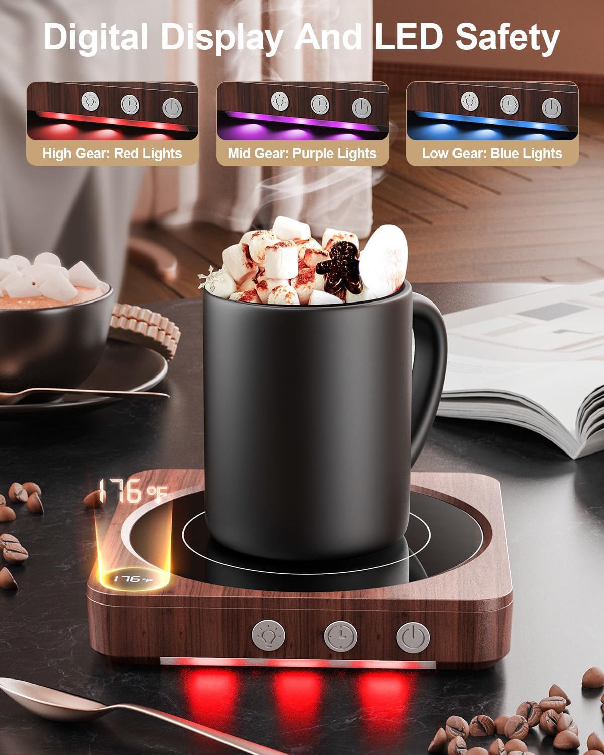 Mug Warmer - 36W Coffee Mug Warmer for Desk with Temperature DisTLay, 2-12Hrs Auto Shut Off, Smart Candle Warmer - Ideal Coffee Gifts Accessories Keep Beverages Coffee Warmer (Wood) (Wood)
