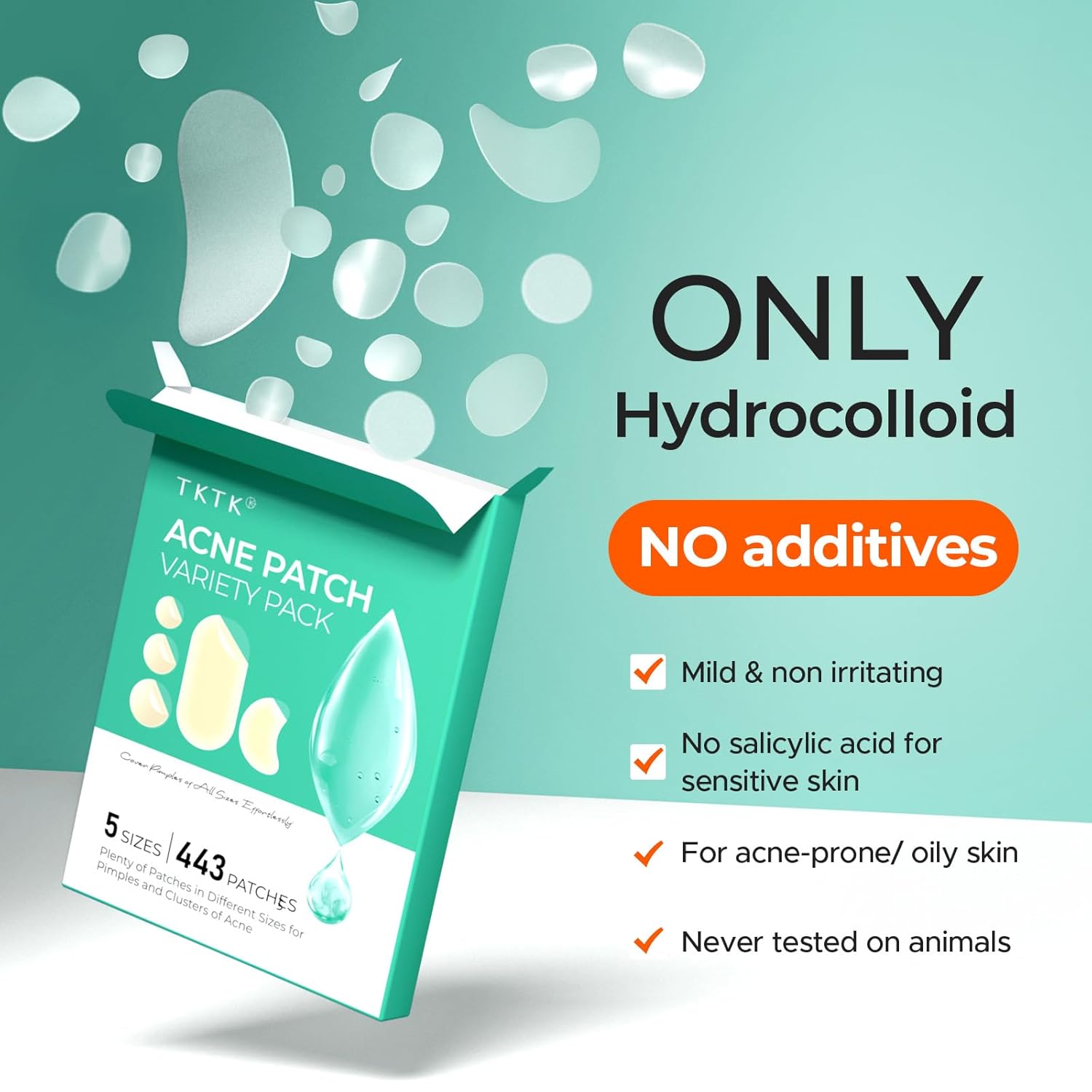 TKTK 443 Count PimTLe Patches for Face, Hydrocolloid Acne Patch Bulk, Acne Stickers for Covering Cheeks, Forehead, Chin Blemishes Zit Breakouts for All Skin Types (Dots, Strip, Contoured 5 Sizes)
