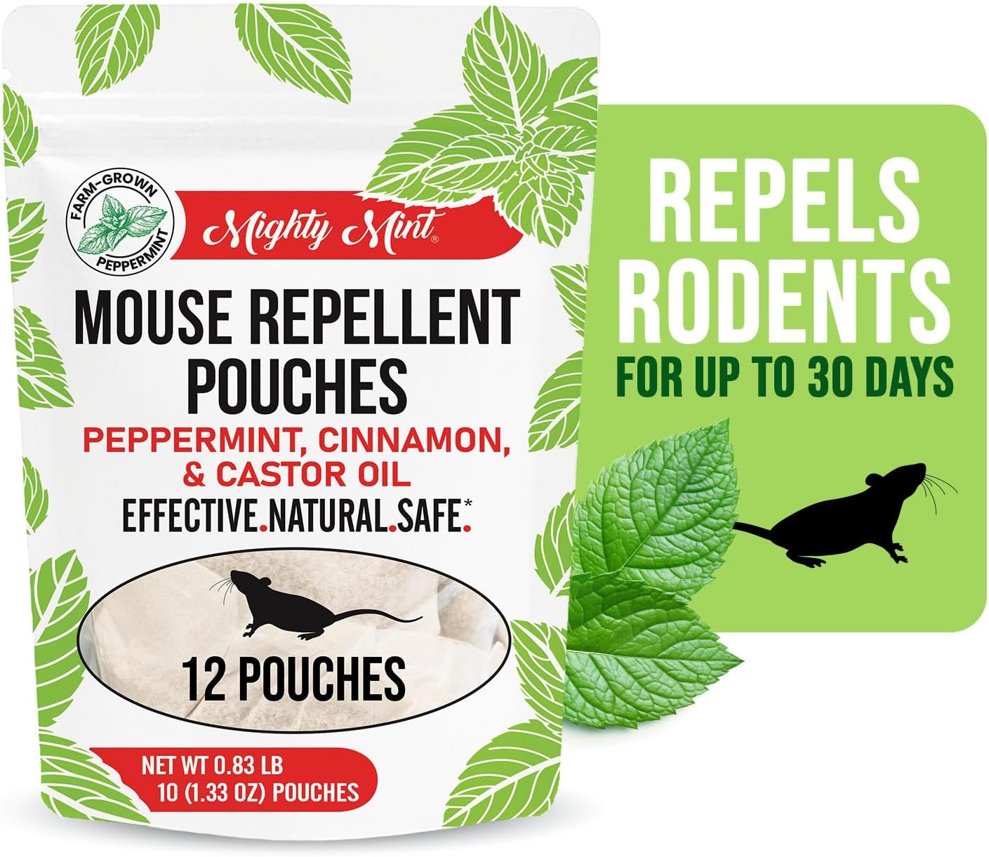 Mighty Mint Mouse Repellent Pouches – Peppermint, Castor Oil & Cinnamon Formula – Natural Indoor Deterrent for Mice and Rodents – TLant-Based, Long-Lasting Protection – 12 Count