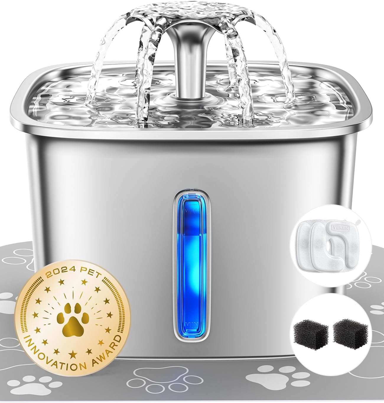 Veken Innovation Award Winner Stainless Steel Cat Water Fountain, 95oz/2.8L Automatic Pet Fountain Dog Water Dispenser with ReTLacement Filters & Silicone Mat, Gifts for Cats, Dogs (Silver)