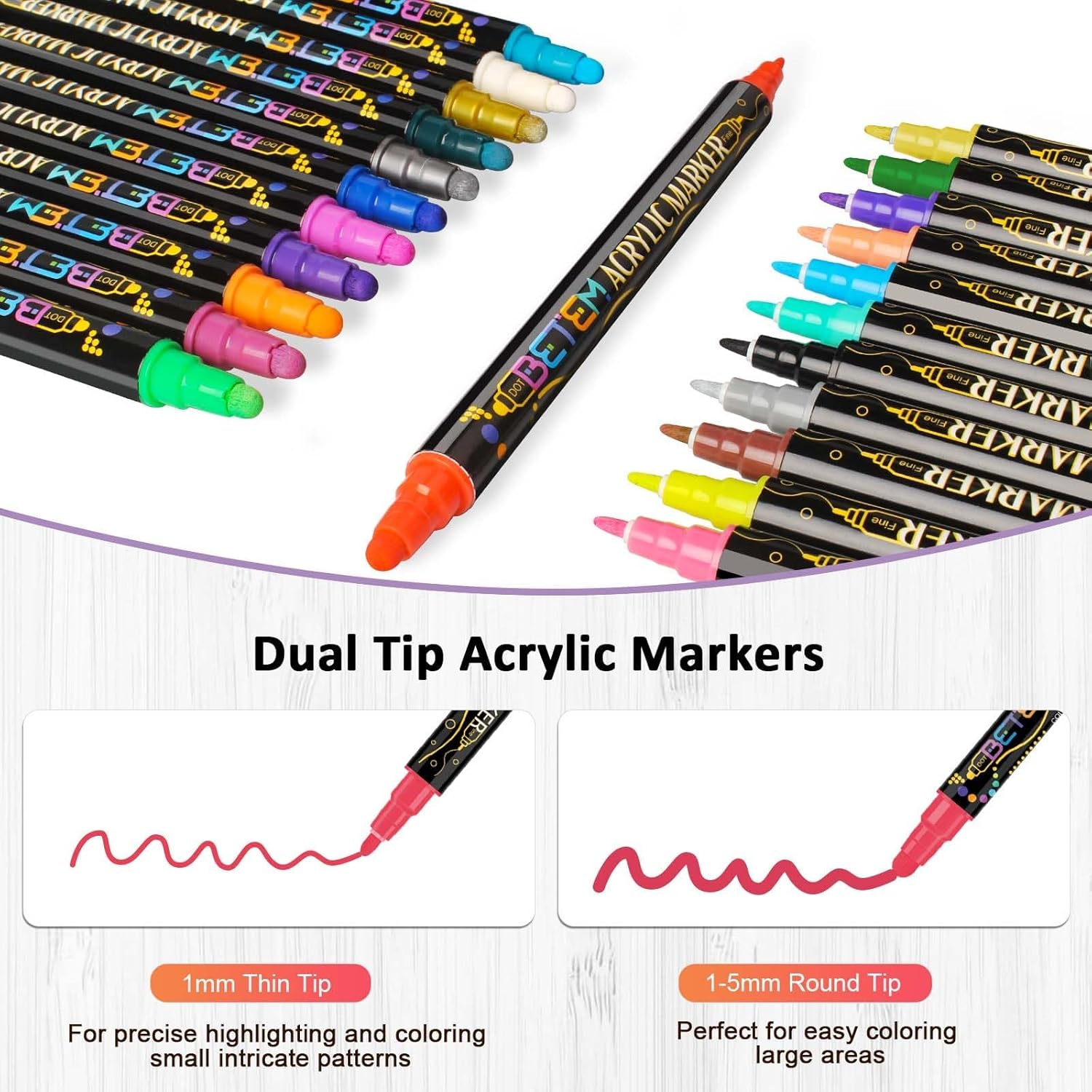 Betem 24 Colors Dual Tip Acrylic Paint Markers, Fabric Decorating Kits Premium Water-Based Acrylic Paint Pens Art SupTLies for Fabric, Rock, Wood, Glass, Canvas, Ceramic, Teacher Appreciation Gift