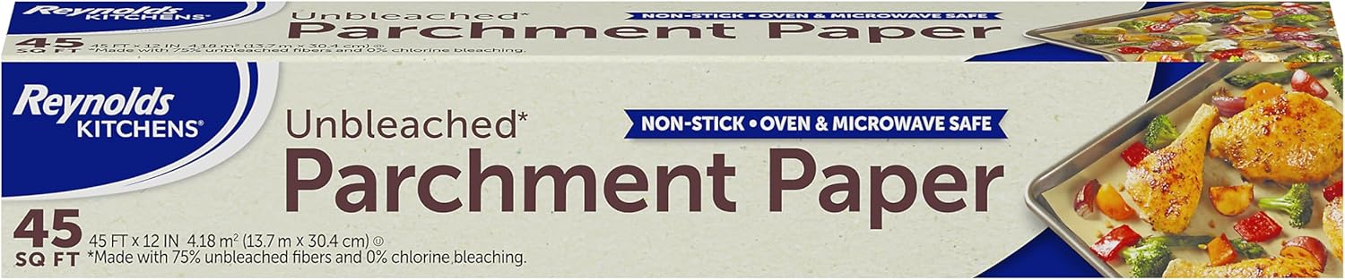 Reynolds Kitchens Unbleached Parchment Paper Roll, Non Stick Parchment Paper for Cooking and Baking, Oven Safe up to 425 Degrees, Chlorine-Free, 45 Feet x 12 Inches, 45 Total Sq. Ft.