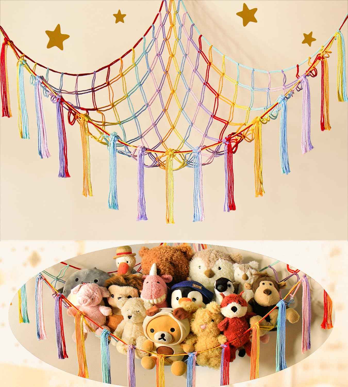 Stuffed Animal Hammock Corner Storage Net Cute Preppy Trendy Stuff Gifts for Teen Girls Baby Room Living Room House Wall Nursery Decor Rainbow Color Colorful Unicorn Hanging Organizers Organization