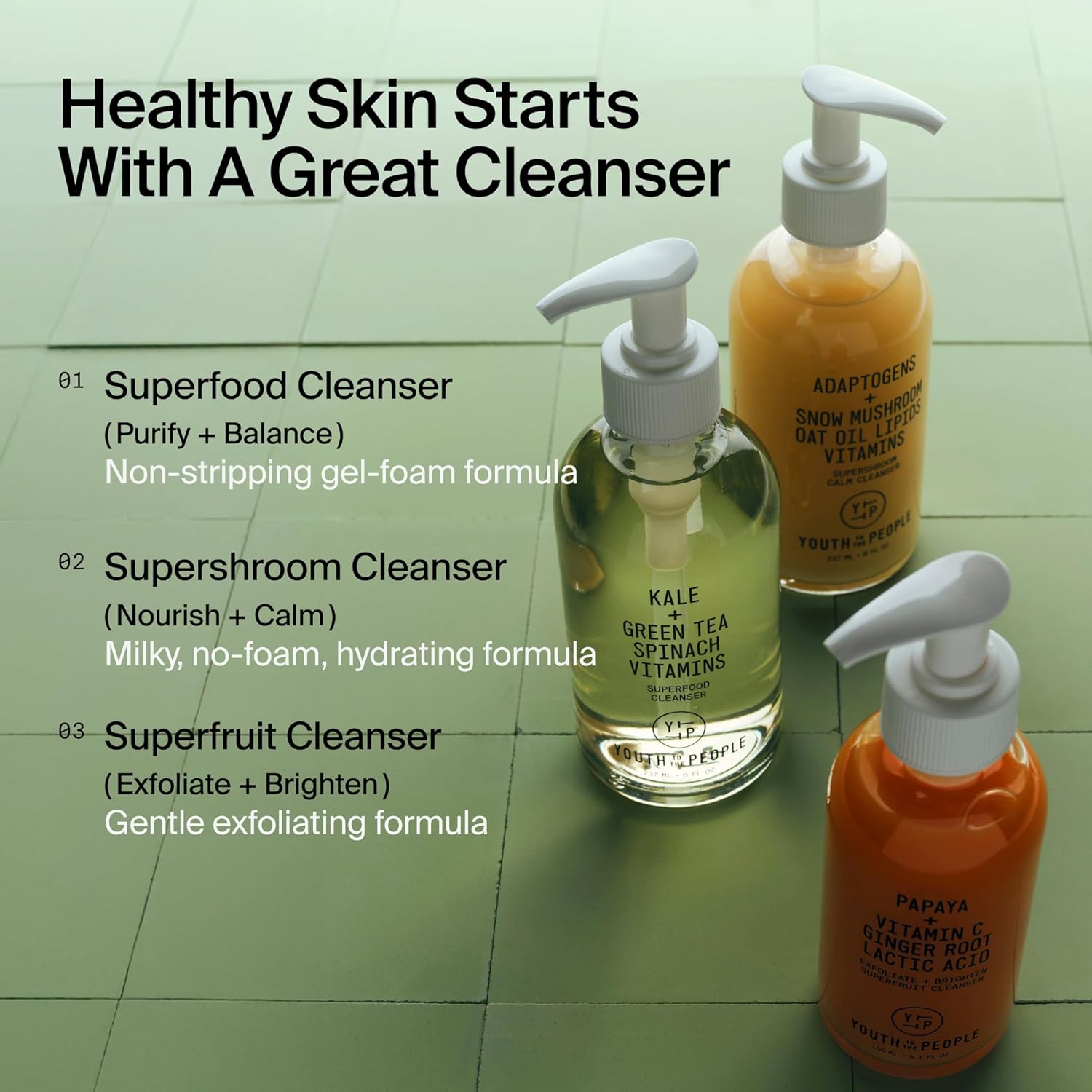 Youth To The PeoTLe Superfood Facial Cleanser - Kale + Green Tea Daily Face Wash, Gently Removes Makeup, SPF, and Oils, Soothing Antioxidants for Glowing Skin, pH Balance, Clean Pores, Refillable