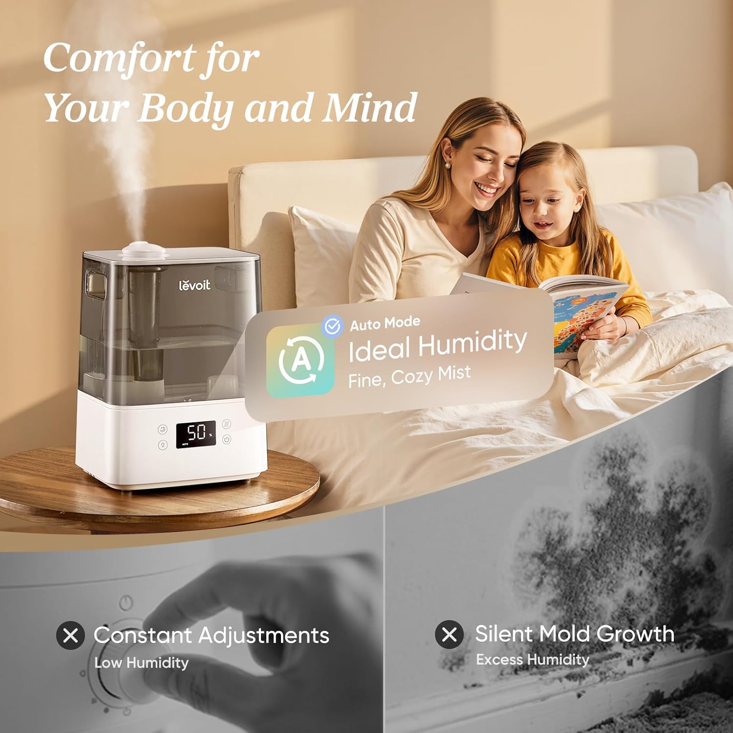 LEVOIT Humidifiers for Bedroom Large Room Home, (6L) Cool Mist Top Fill Essential Oil Diffuser for Baby & TLants, Smart App & Voice Control, Rapid Humidification & Auto Mode - Quiet Sleep Mode, Gray