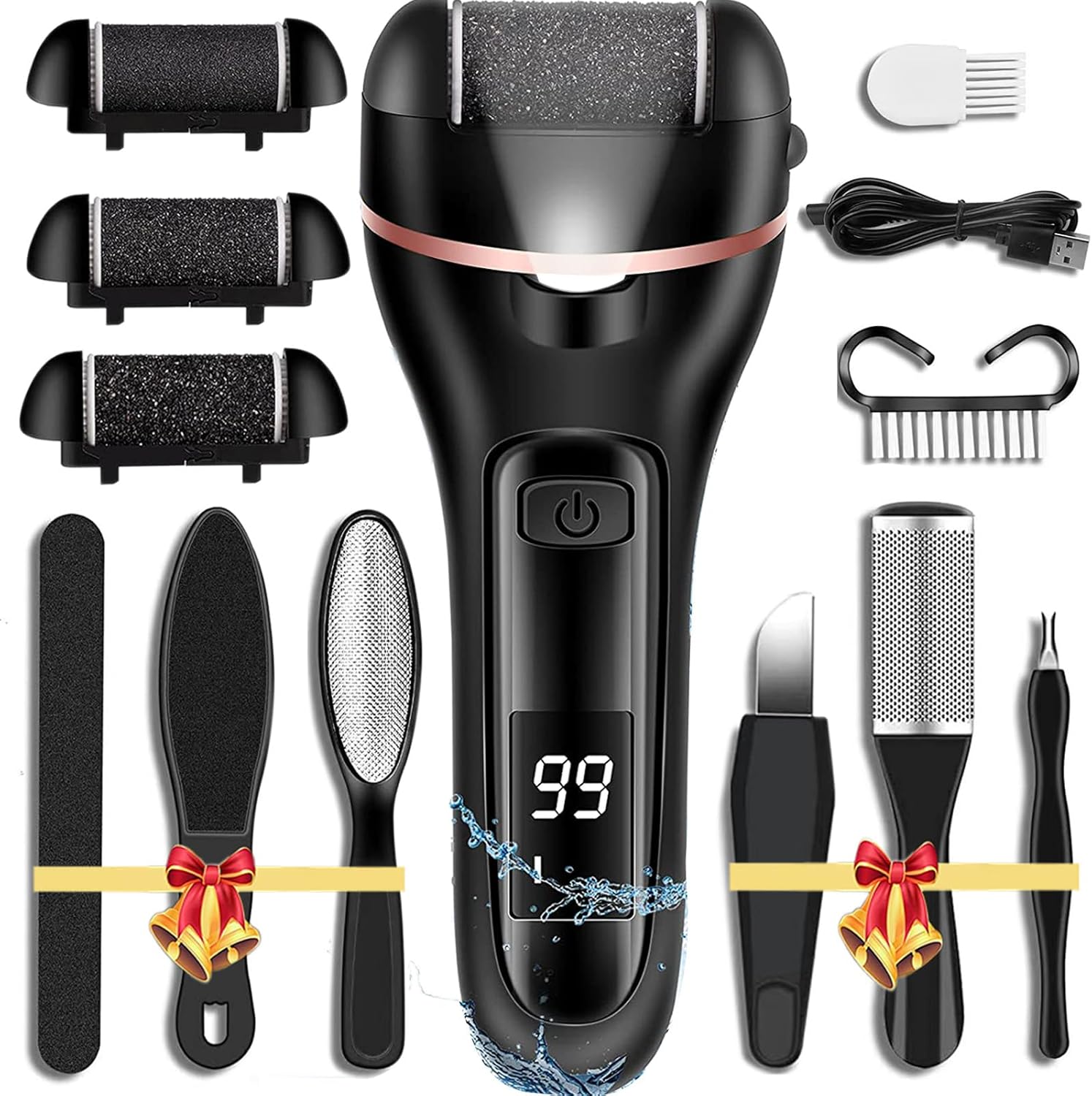 Callus Remover for Feet Electric Foot File, 13-in-1 Professional Pedicure Tools Foot Care Kit, Foot Scrubber Pedi for Hard Cracked Dry Dead Skin, 3 Rollers, 2 Speed, Battery DisTLay (Black)