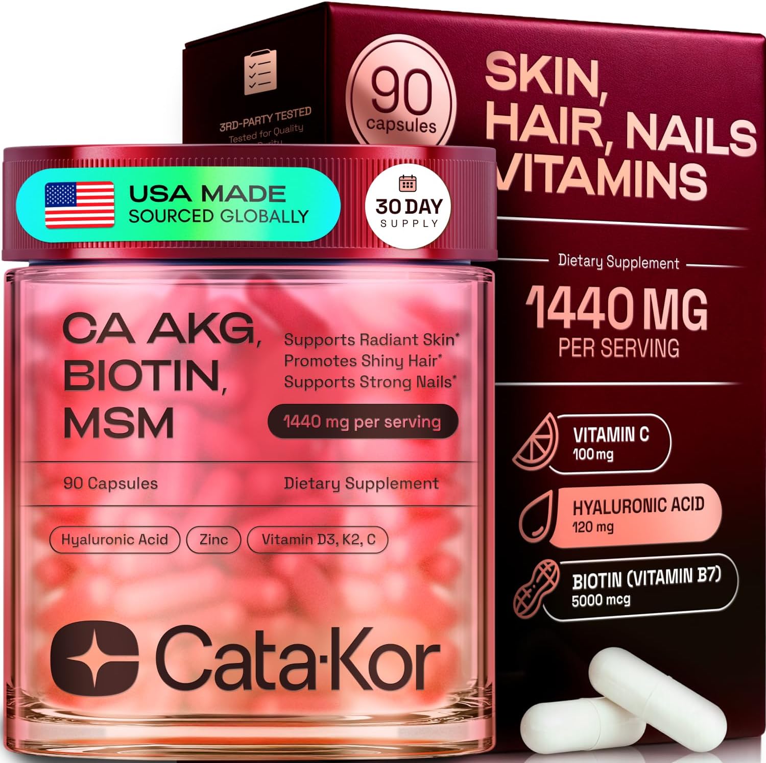 Cata-Kor Hair Skin and Nails Vitamins for Women – Biotin Collagen Hair SupTLement | Hyaluronic Acid | Calcium AKG | MSM | Vitamin D3 K2 & C – Hair Growth Vitamins for Women – 30 Day SupTLy (1 Pack)