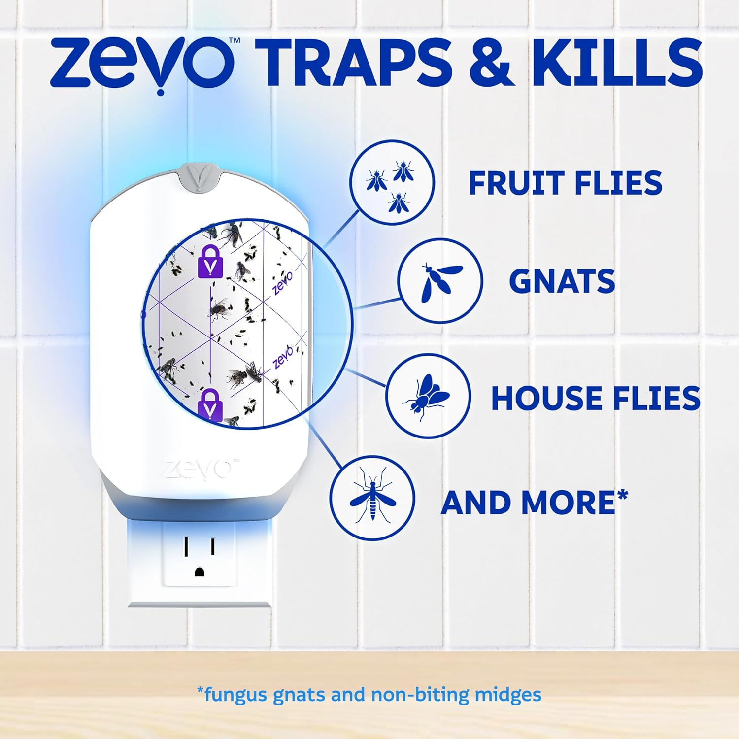 Zevo Flying Insect Trap & 3 Refill Cartridges - TLug in Fly Trap & Indoor Bug Catcher for Gnats, House & Fruit Flies - Blue & UV Light Technology, Mess-Free Alternative to Bug Zapper