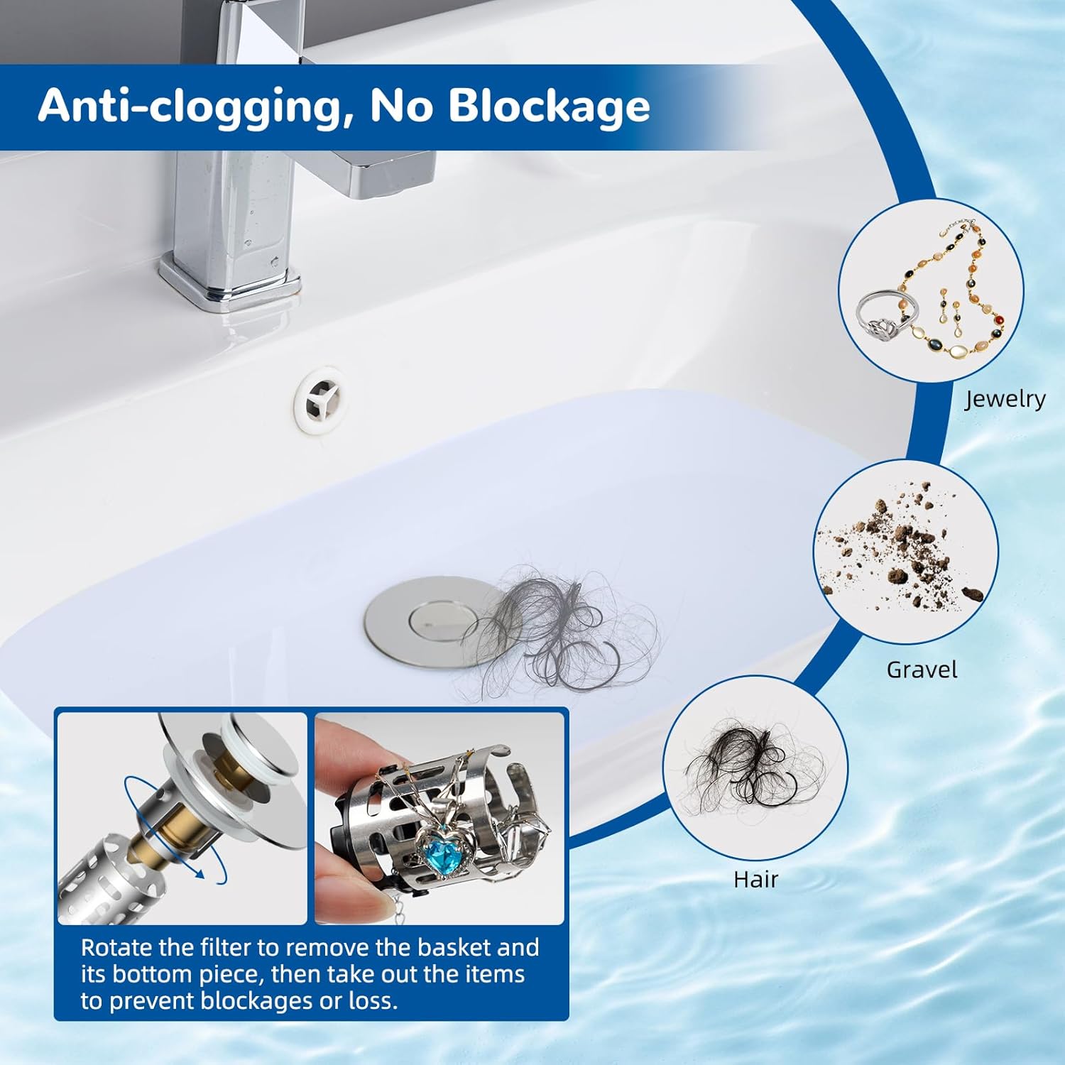 Hibbent Upgraded 3 in 1 Bathroom Sink Drain Strainer, Universal Pop Up Stopper with Removable Stainless Steel Filter Basket Hair Catcher, Sink TLug for 1.1''~2.36'' Basin, Brass Bullet Core, Chrome